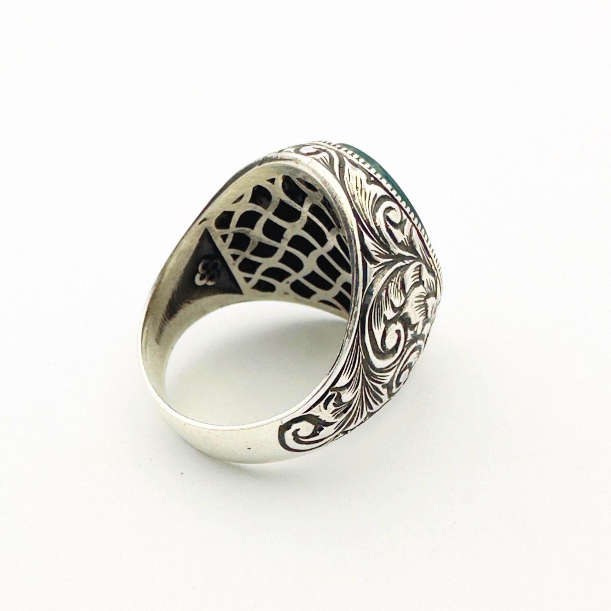 خاتم عثماني رجالي من عقيق أخضر فضة استرلينية 925 يدوية الصنع | مجوهرات حرفي تركي