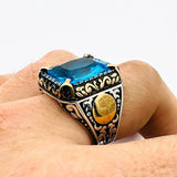 Turkish Handmade Men's Aquamarine 925 Sterling Silver Ring - Ottoman Style Gift for Him