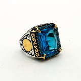 Turkish Handmade Men's Aquamarine 925 Sterling Silver Ring - Ottoman Style Gift for Him