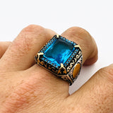 Turkish Handmade Men's Aquamarine 925 Sterling Silver Ring - Ottoman Style Gift for Him