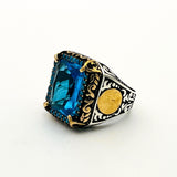 Turkish Handmade Men's Aquamarine 925 Sterling Silver Ring - Ottoman Style Gift for Him