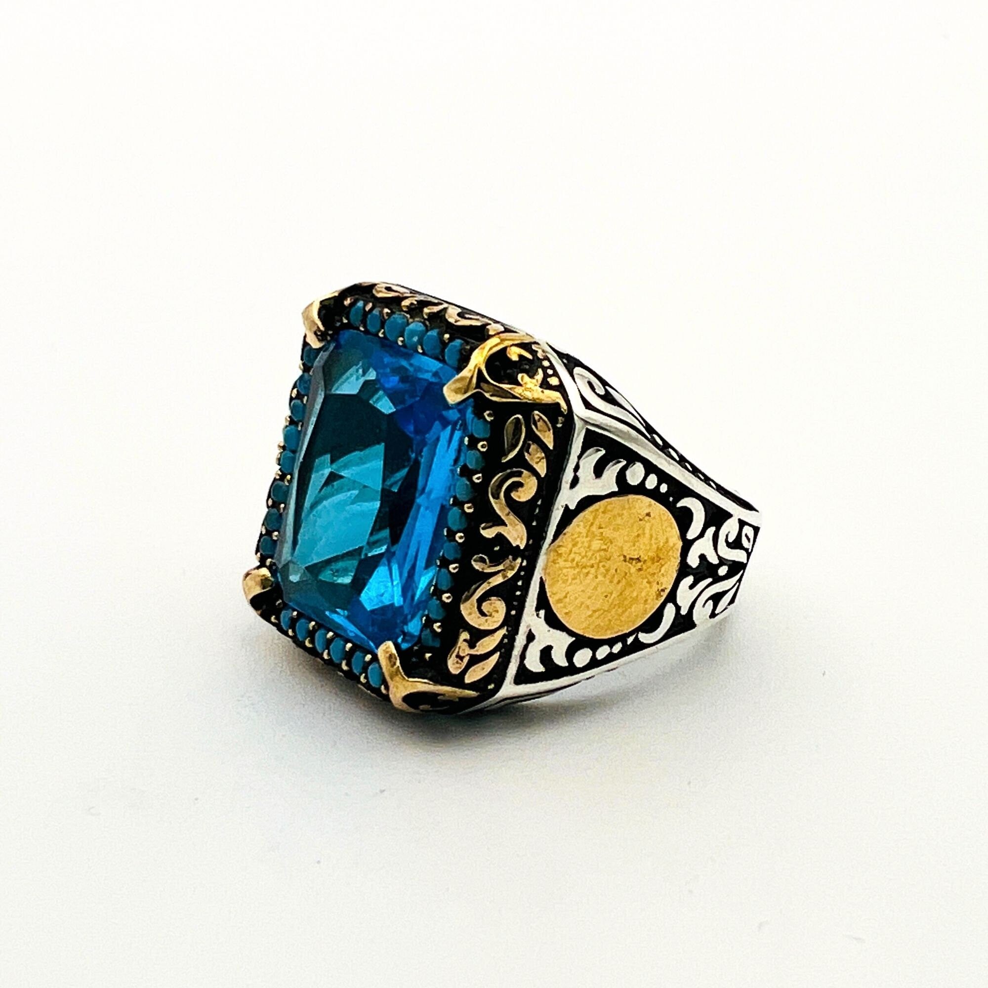 Turkish Handmade Men's Aquamarine 925 Sterling Silver Ring - Ottoman Style Gift for Him