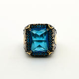 Turkish Handmade Men's Aquamarine 925 Sterling Silver Ring - Ottoman Style Gift for Him