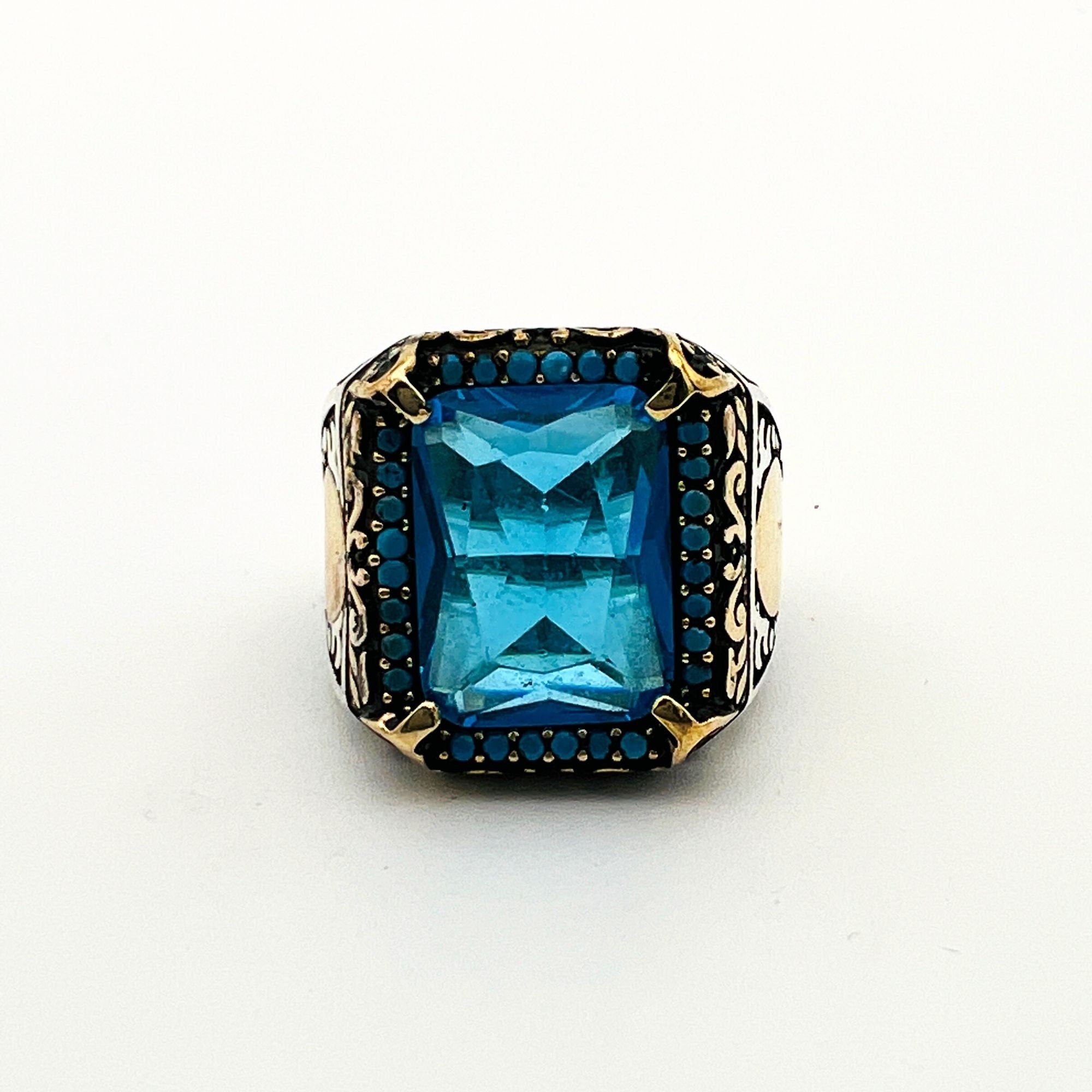 Turkish Handmade Men's Aquamarine 925 Sterling Silver Ring - Ottoman Style Gift for Him