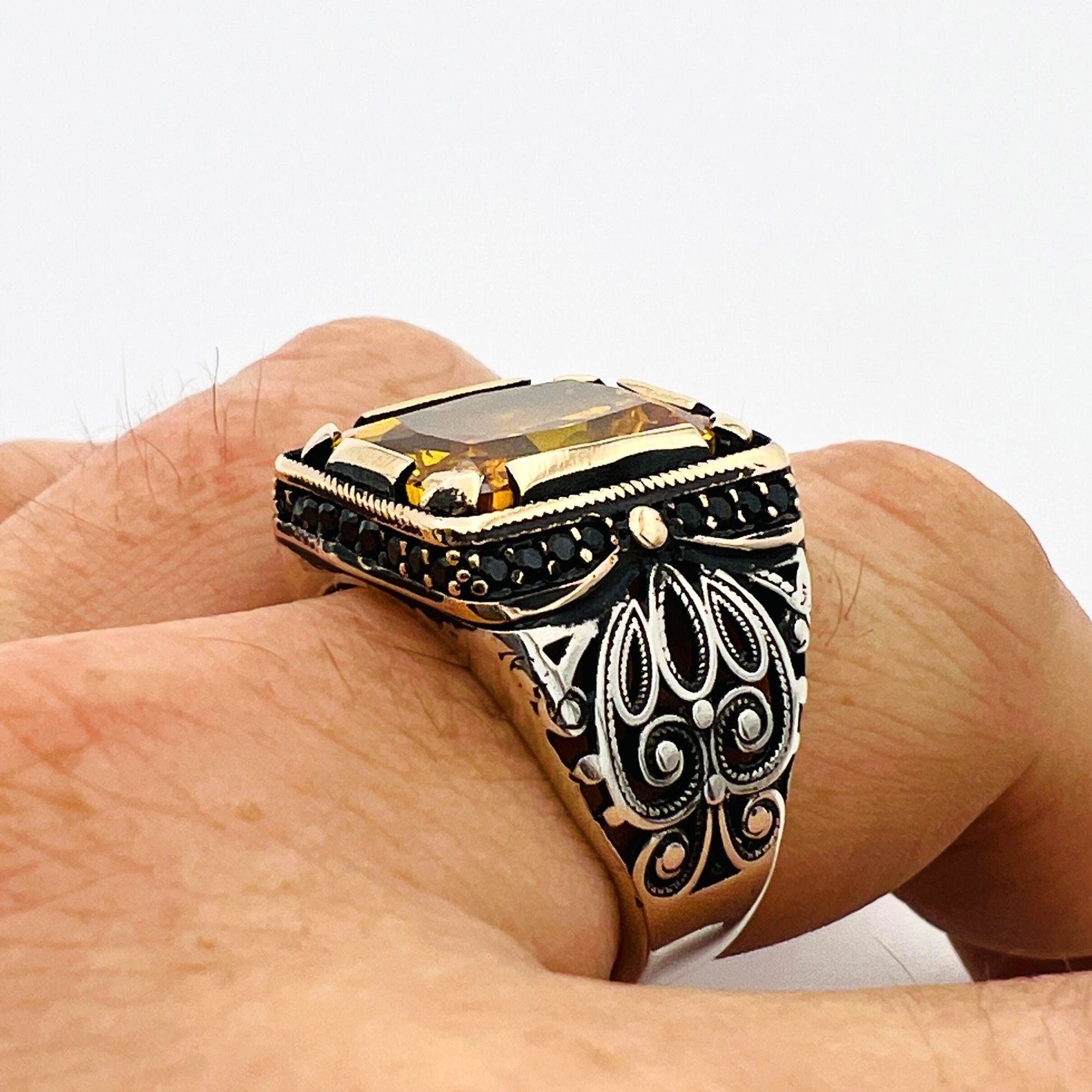 Turkish Handmade Men's Yellow Citrine 925 Sterling Silver Ring | Ottoman Style Statement Piece