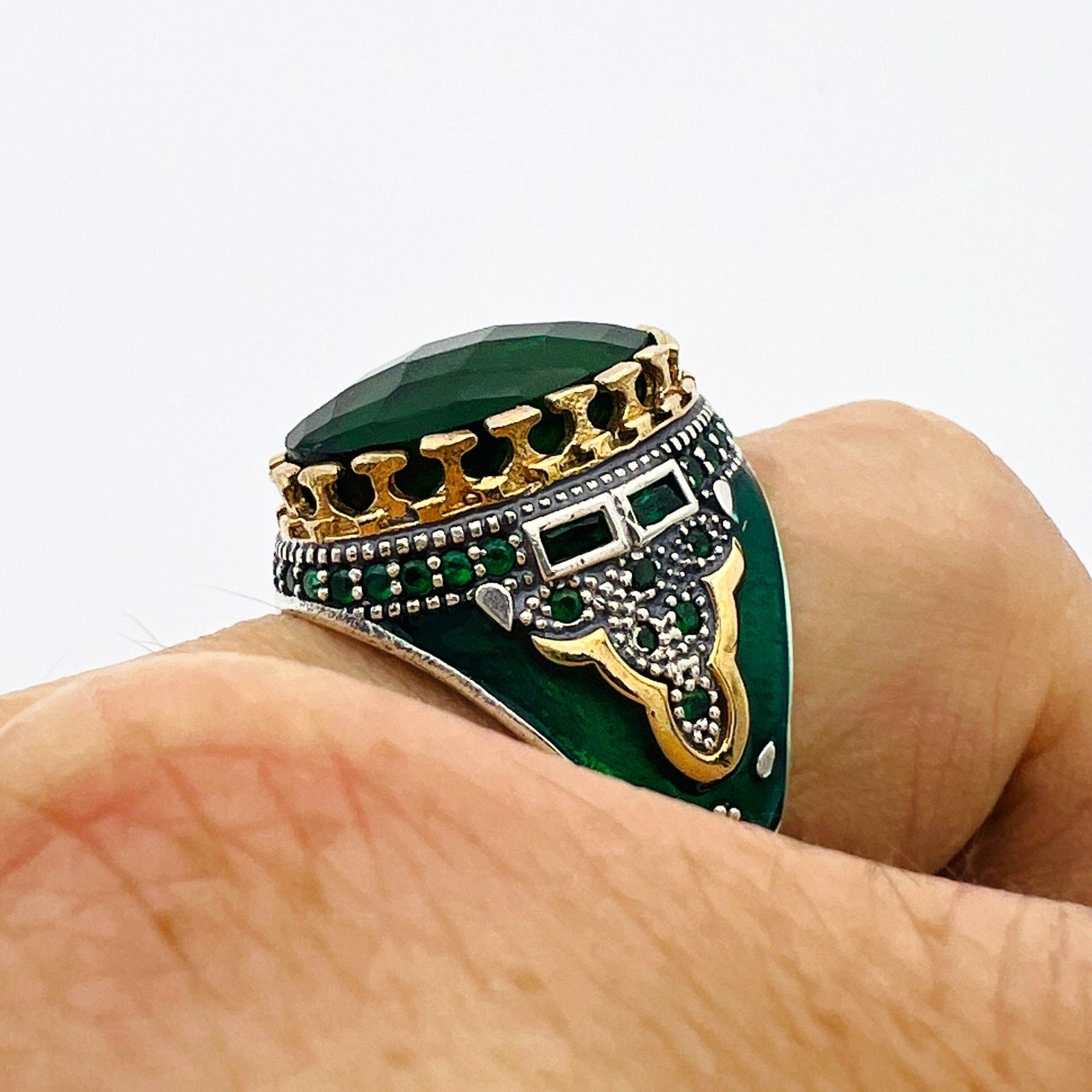 Men's Ottoman Green Emerald Sterling Silver Ring - Authentic Turkish Handmade Jewelry