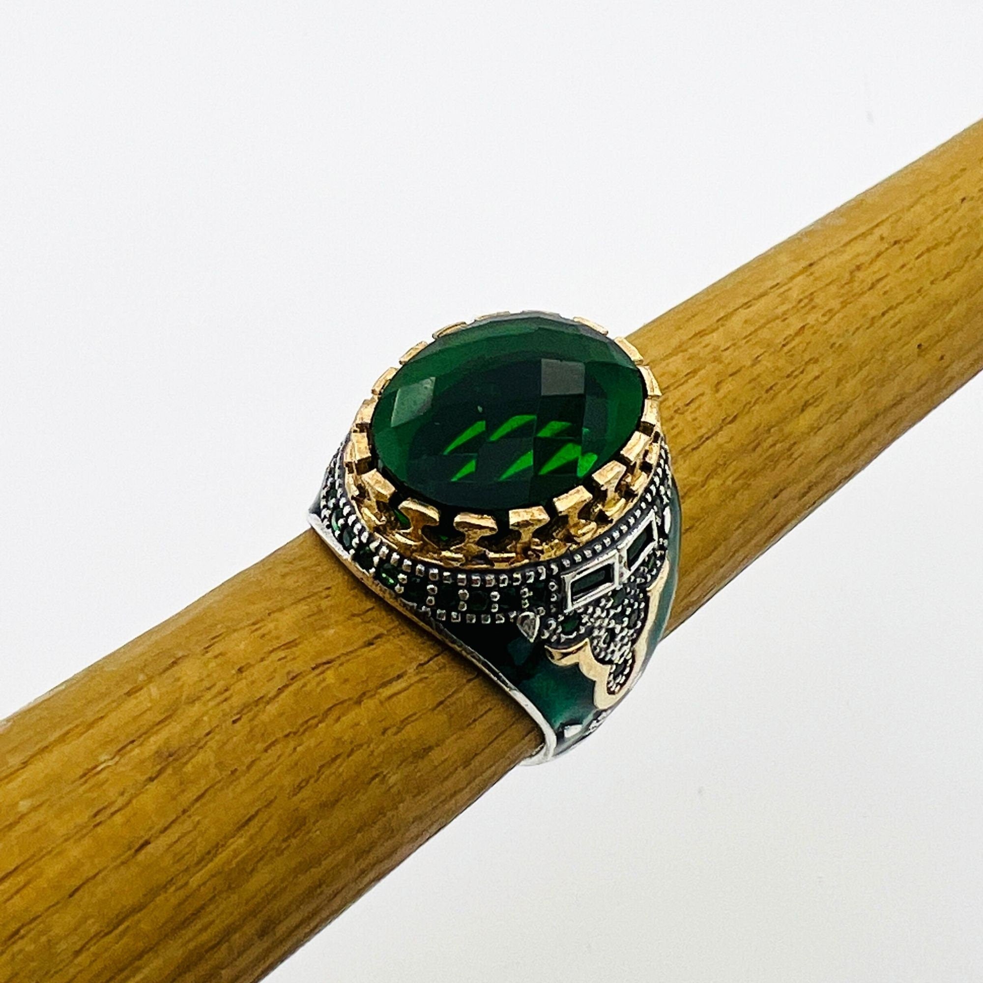 Men's Ottoman Green Emerald Sterling Silver Ring - Authentic Turkish Handmade Jewelry