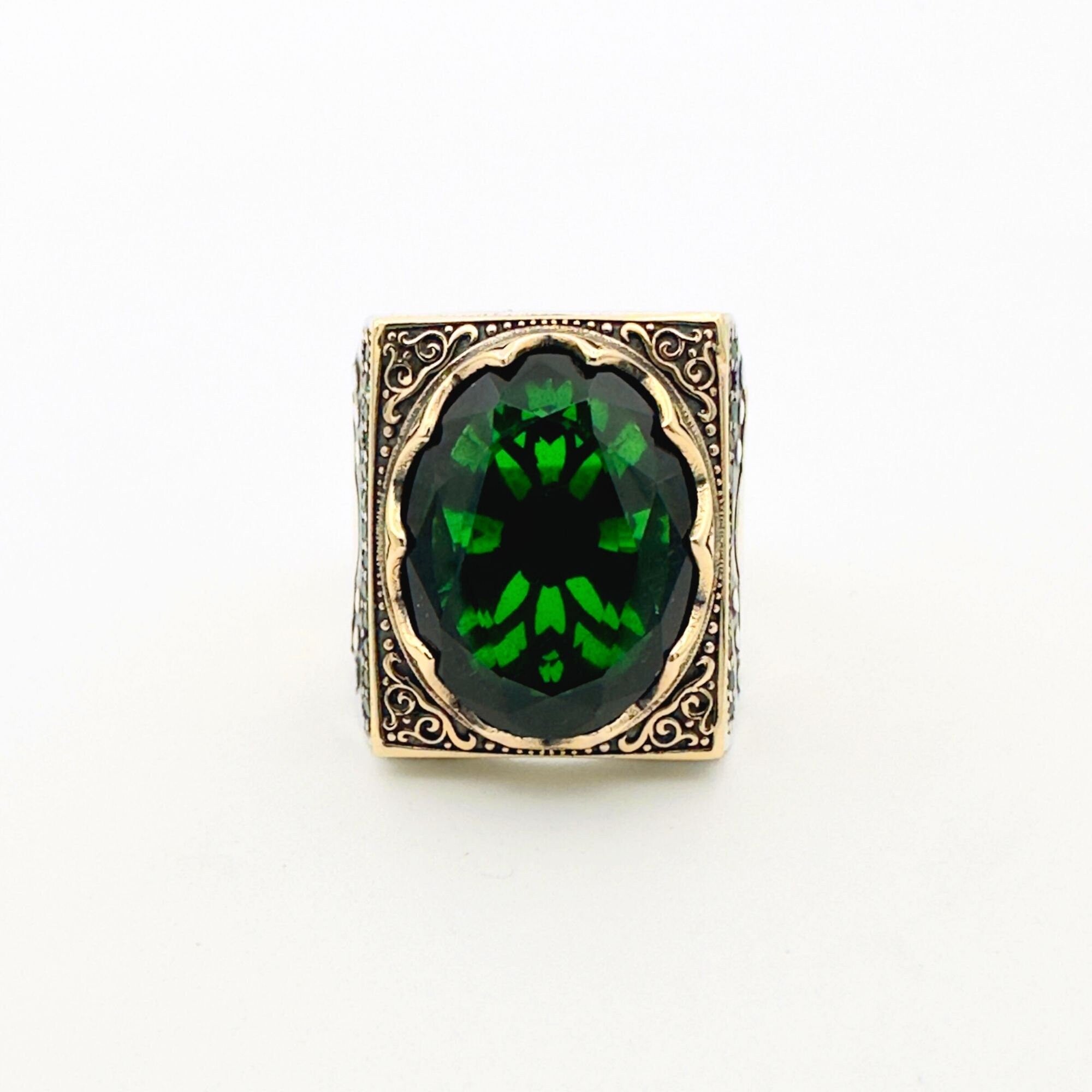 Men's Handcrafted Turkish 925 Sterling Silver Green Emerald Ring | Unique Artisan Gift for Him