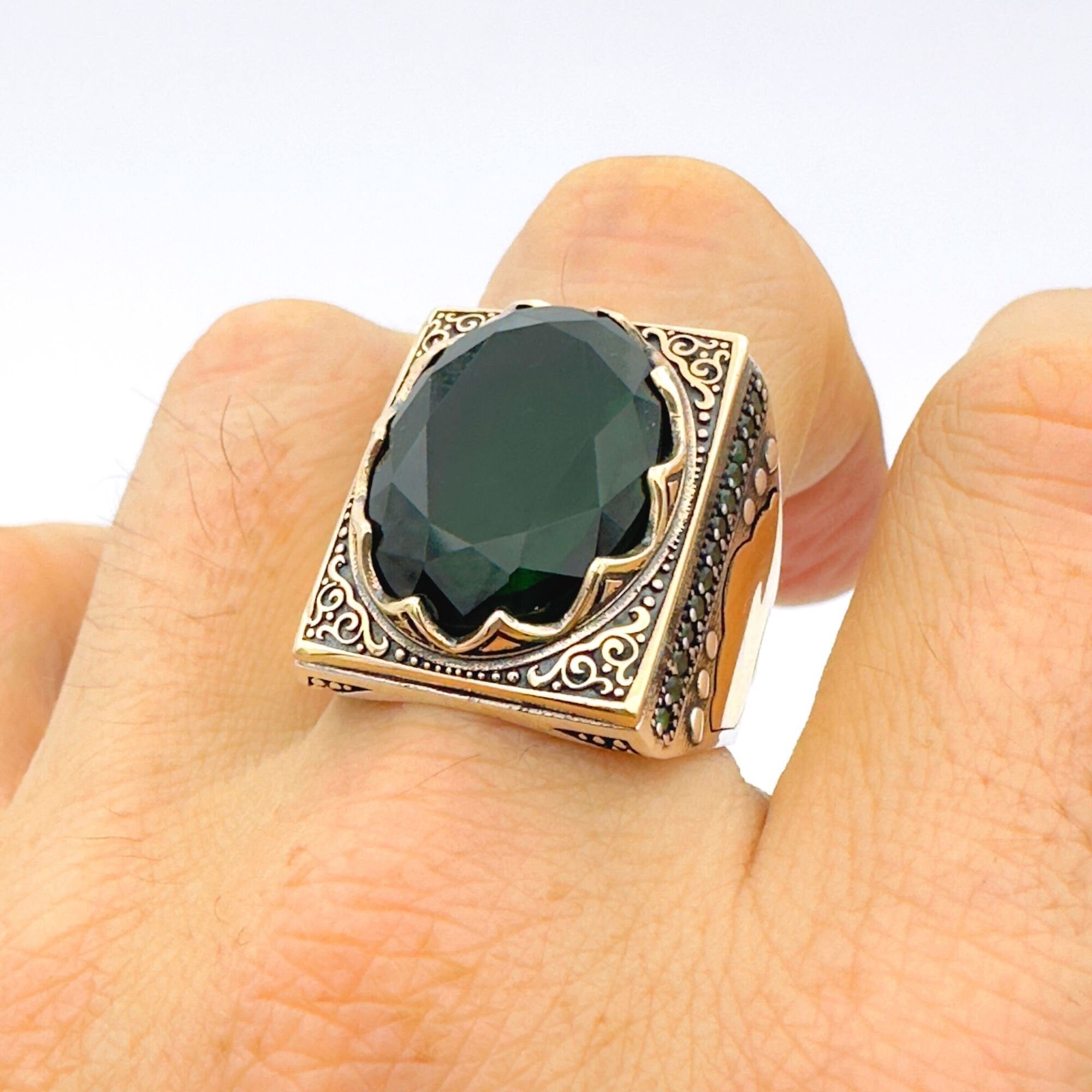 Men's Handcrafted Turkish 925 Sterling Silver Green Emerald Ring | Unique Artisan Gift for Him