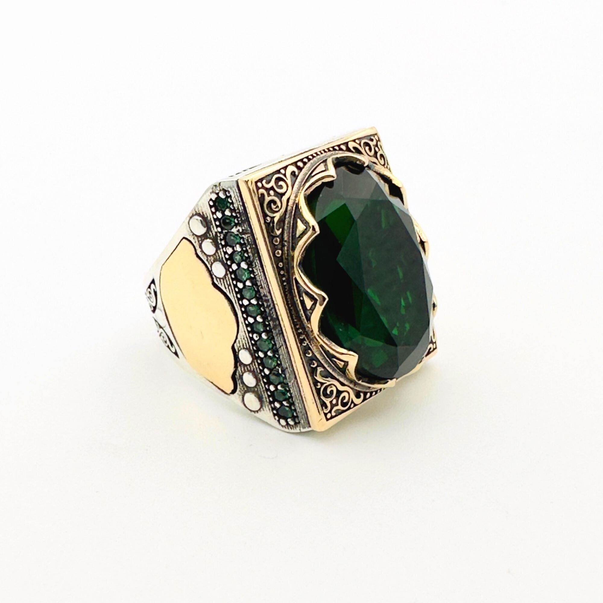 Men's Handcrafted Turkish 925 Sterling Silver Green Emerald Ring | Unique Artisan Gift for Him