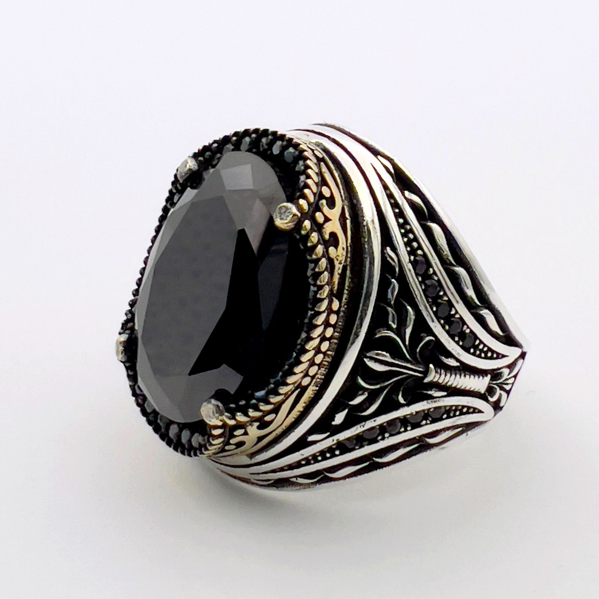 Handmade Turkish Men's 925 Sterling Silver Ring | Vibrant Green Emerald Statement Jewelry