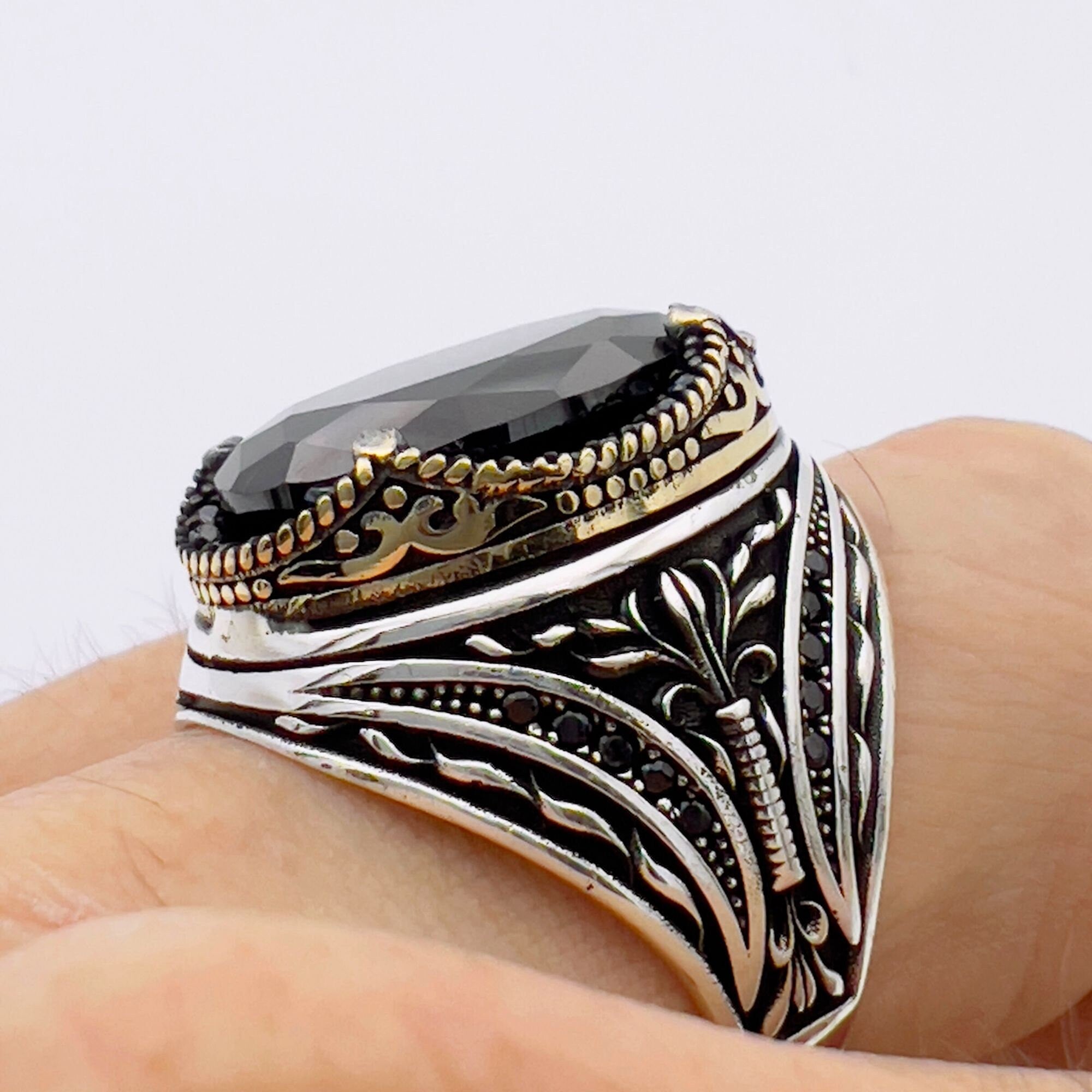 Handmade Turkish Men's 925 Sterling Silver Ring | Vibrant Green Emerald Statement Jewelry