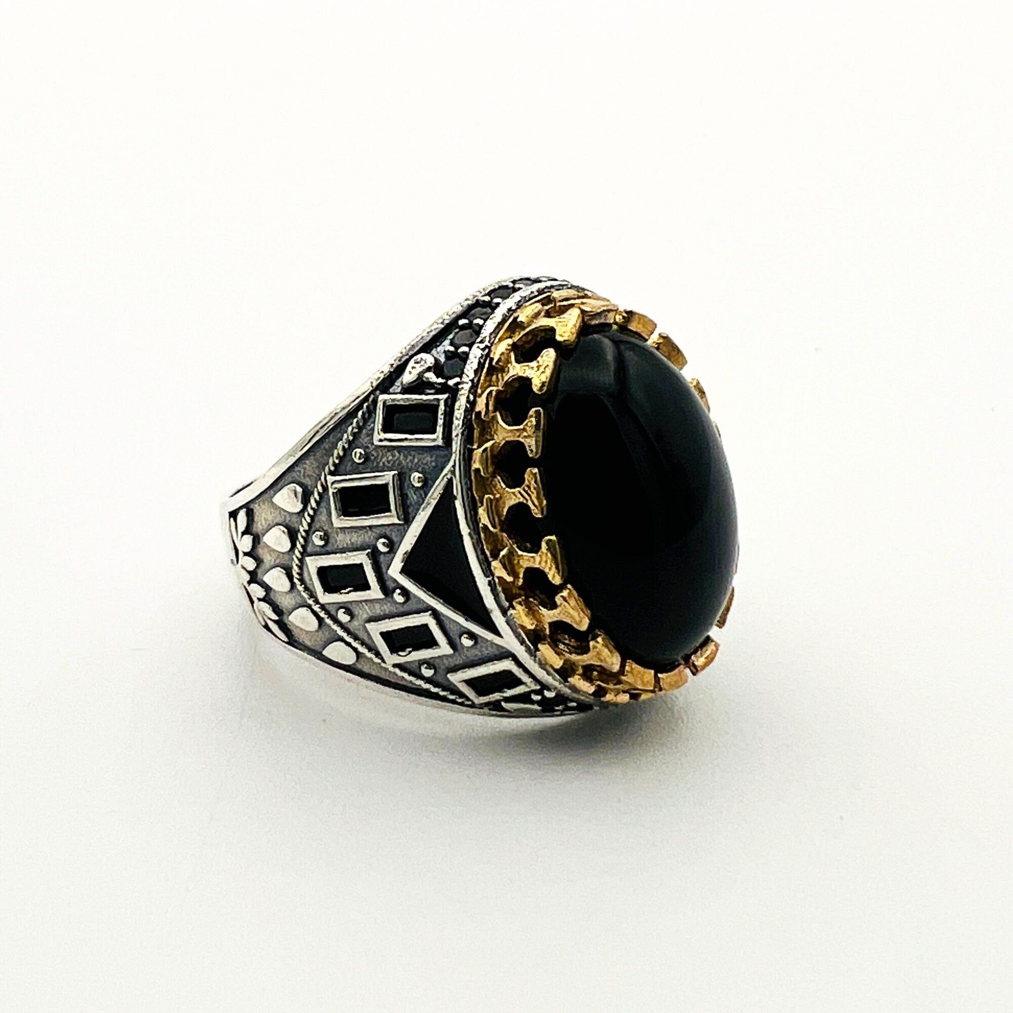 Handcrafted Ottoman Style Men's Oval Black Onyx 925 Sterling Silver Ring