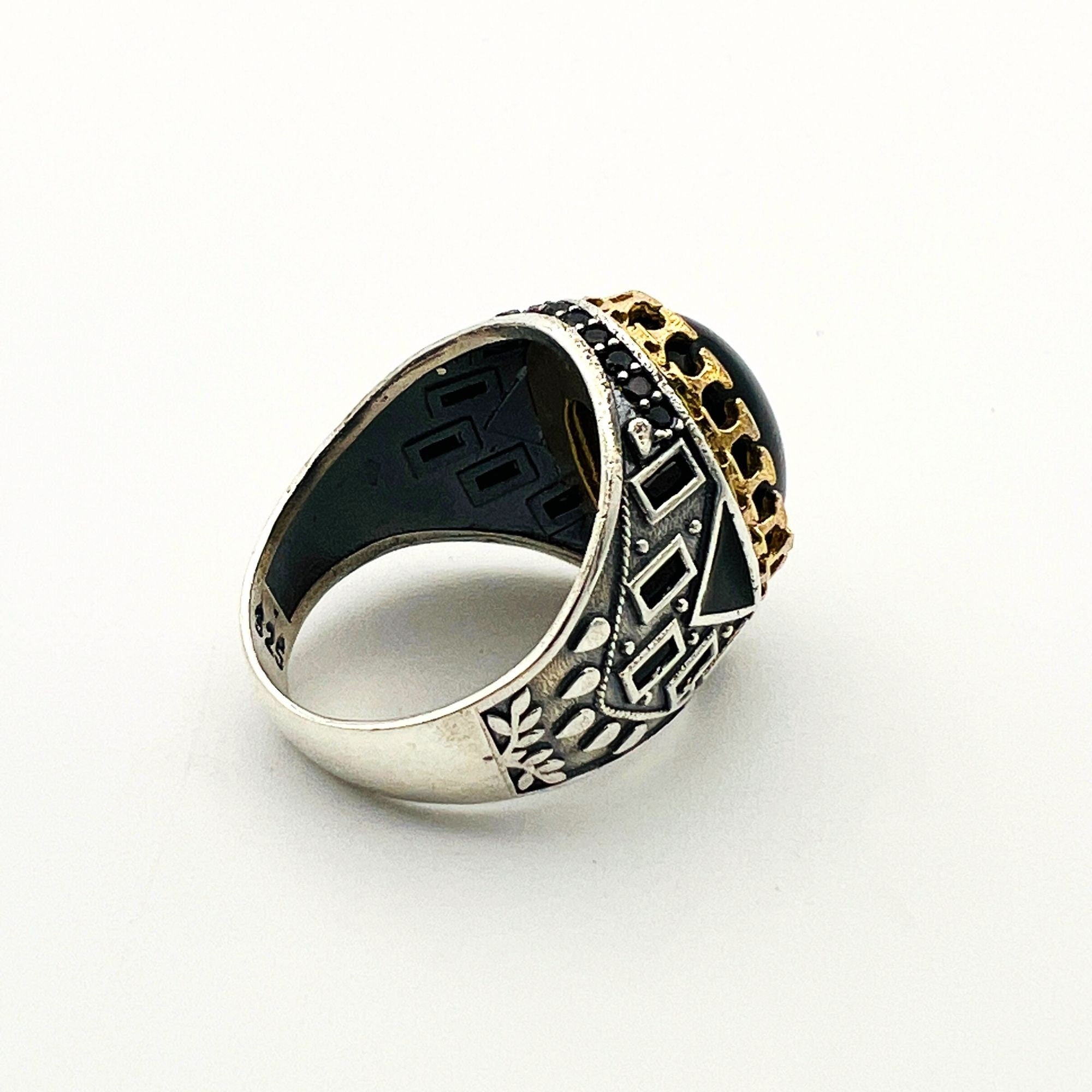 Handcrafted Ottoman Style Men's Oval Black Onyx 925 Sterling Silver Ring