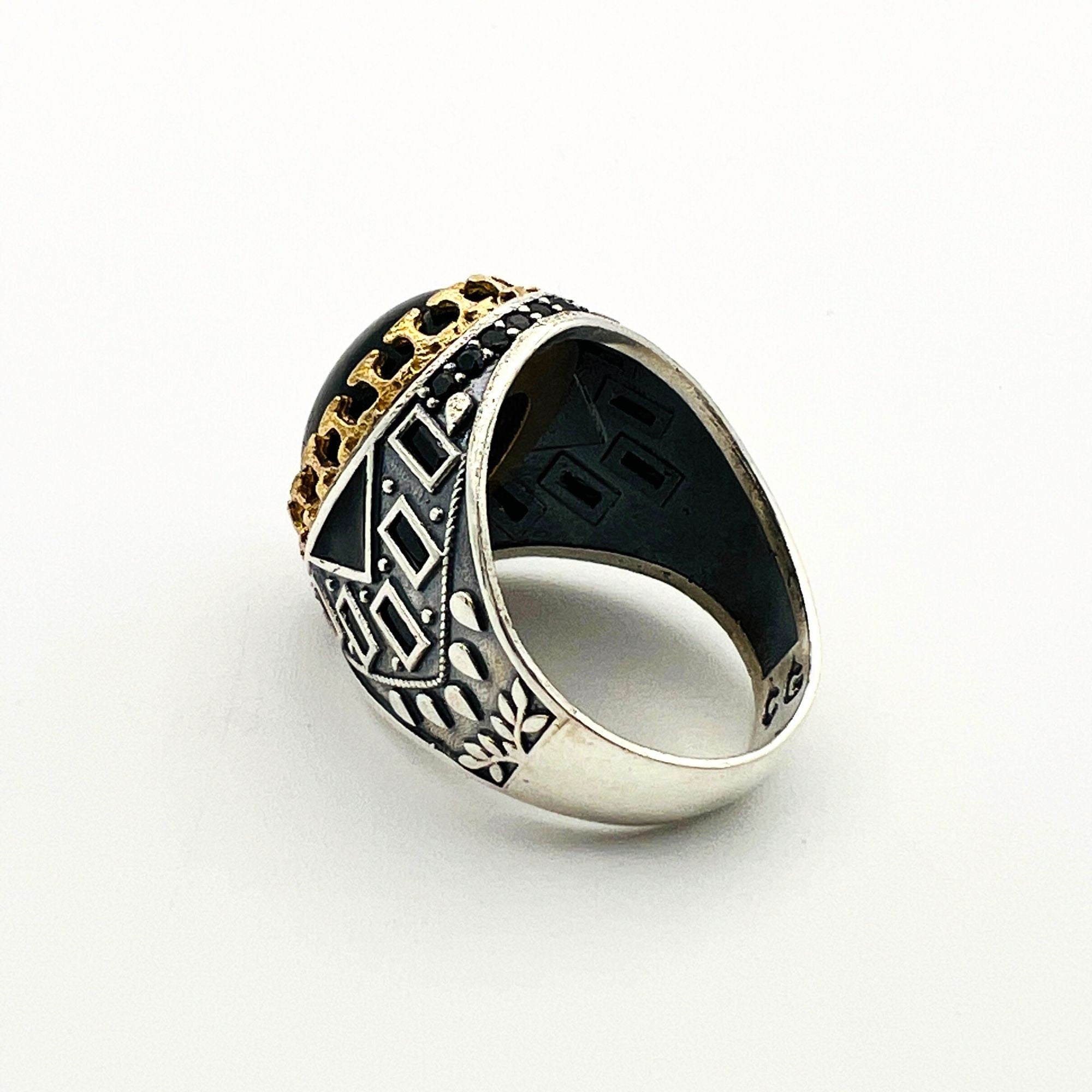 Handcrafted Ottoman Style Men's Oval Black Onyx 925 Sterling Silver Ring