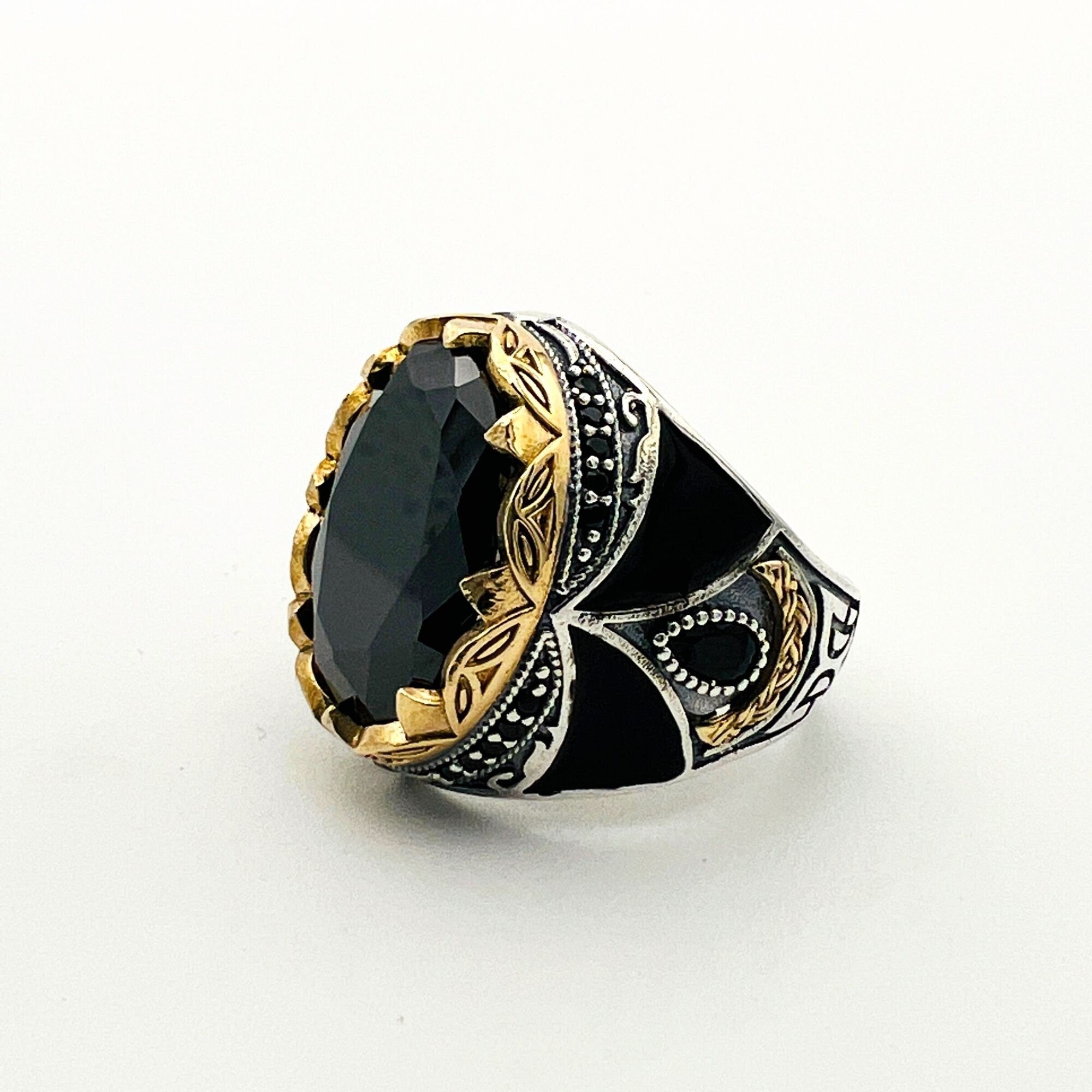 Handcrafted Men's Ottoman-Style 925 Sterling Silver Black Onyx Ring