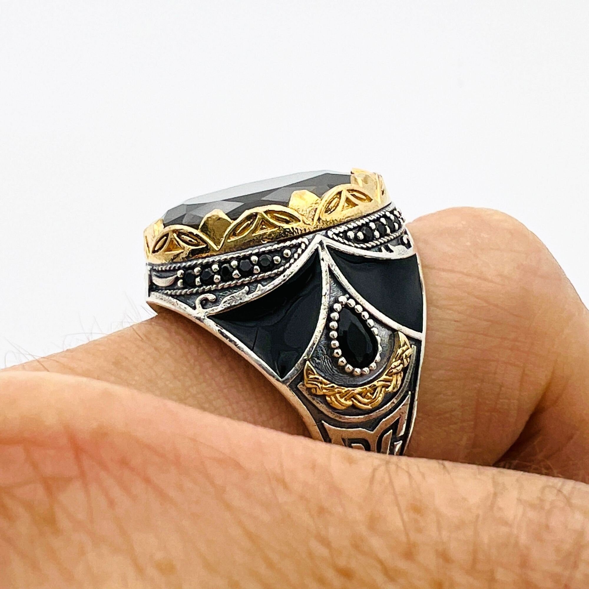 Handcrafted Men's Ottoman-Style 925 Sterling Silver Black Onyx Ring