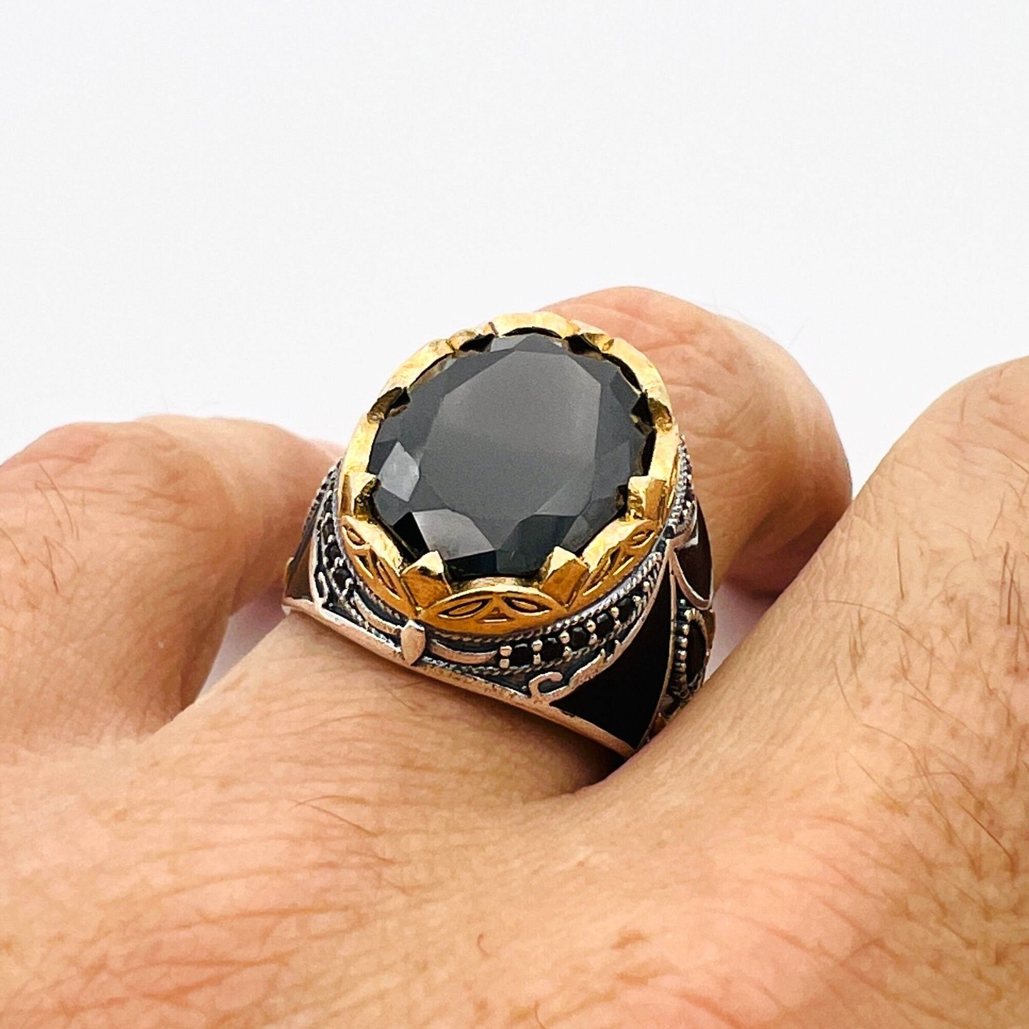 Handcrafted Men's Ottoman-Style 925 Sterling Silver Black Onyx Ring