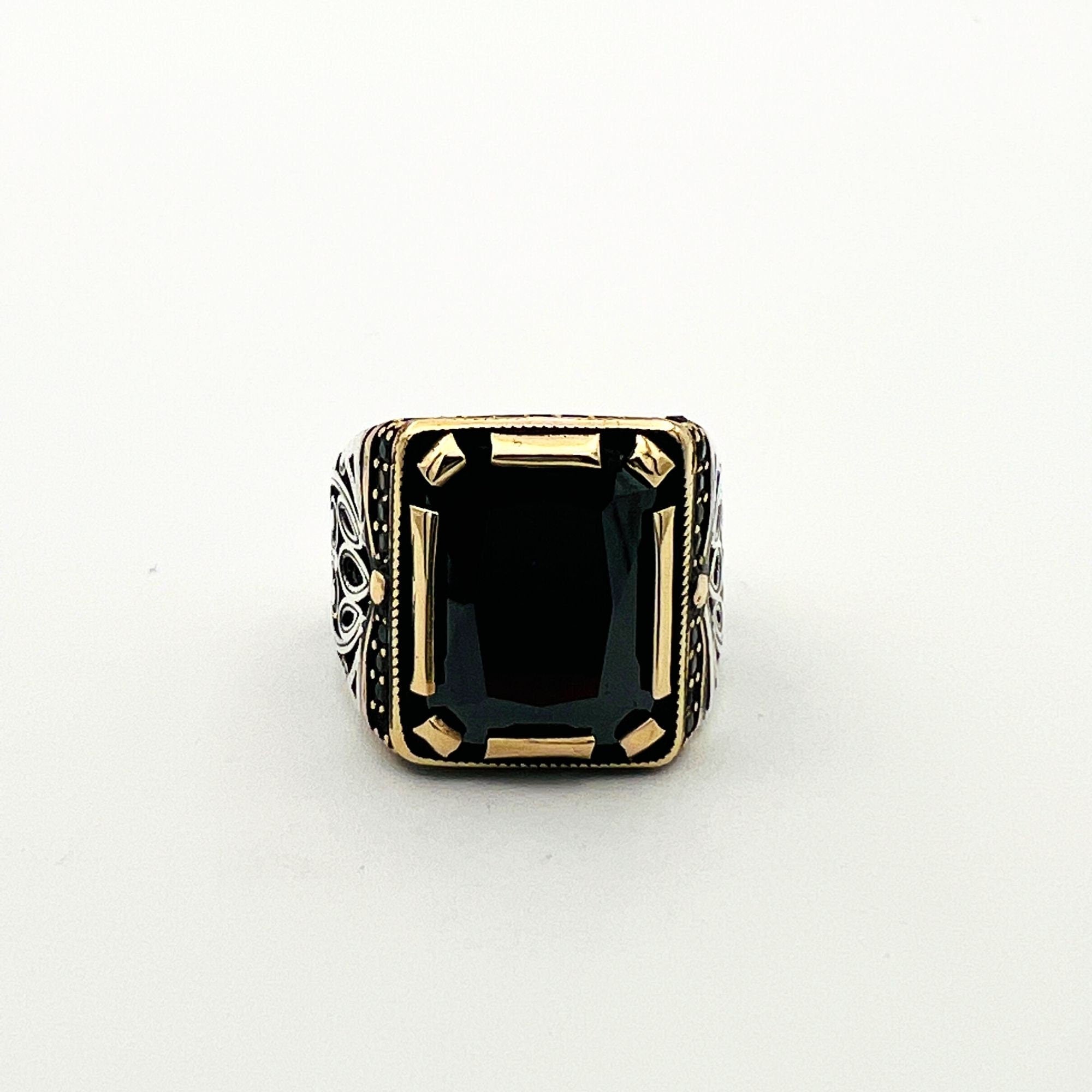Handcrafted Men's Ottoman-Style 925 Sterling Silver Ring with Natural Black Onyx Stone