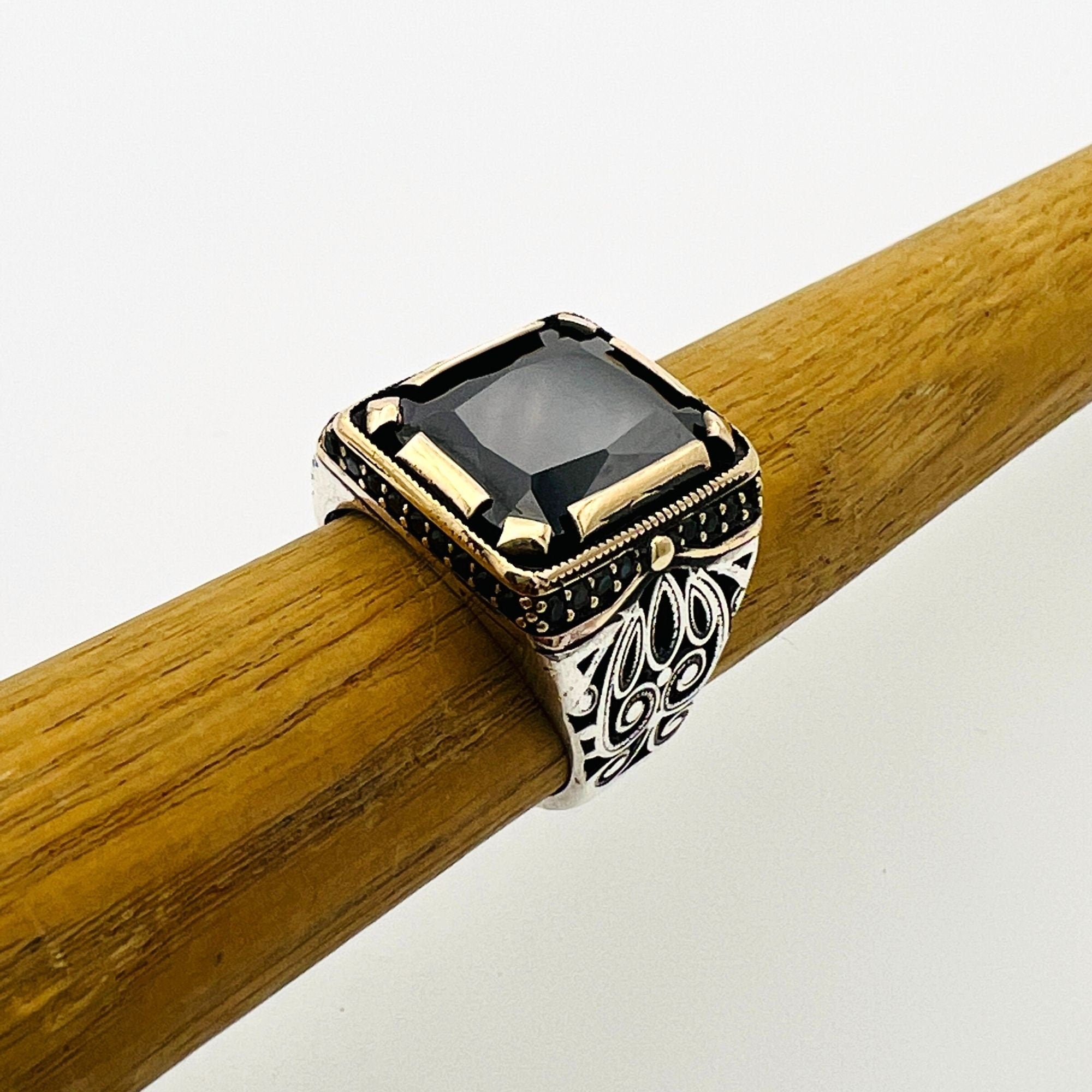 Handcrafted Men's Ottoman-Style 925 Sterling Silver Ring with Natural Black Onyx Stone