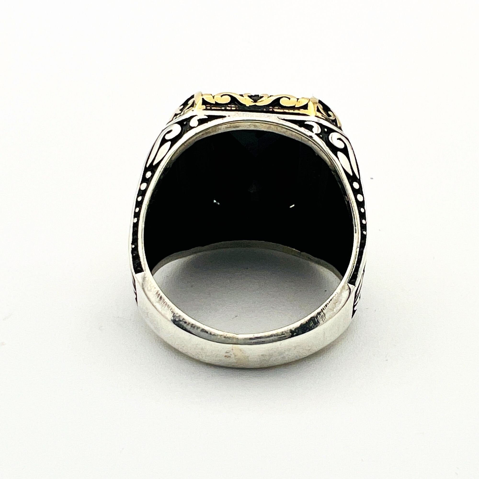 Men's Ottoman Style Embroidered 925 Sterling Silver Ring with Black Onyx | Vintage Handmade Statement Jewelry