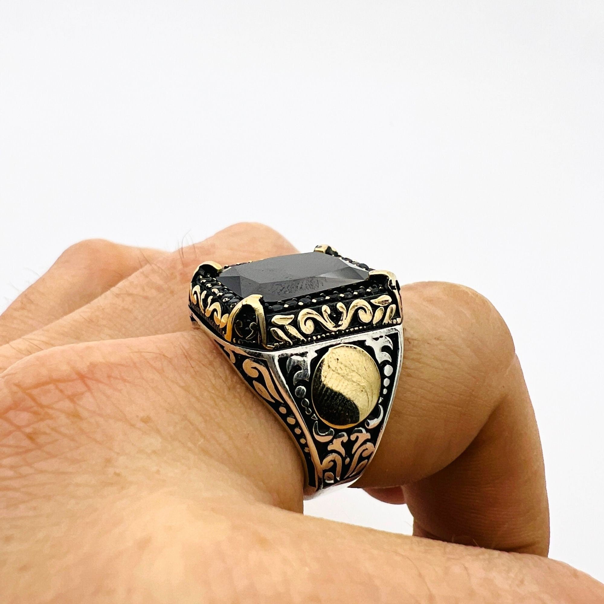 Men's Ottoman Style Embroidered 925 Sterling Silver Ring with Black Onyx | Vintage Handmade Statement Jewelry