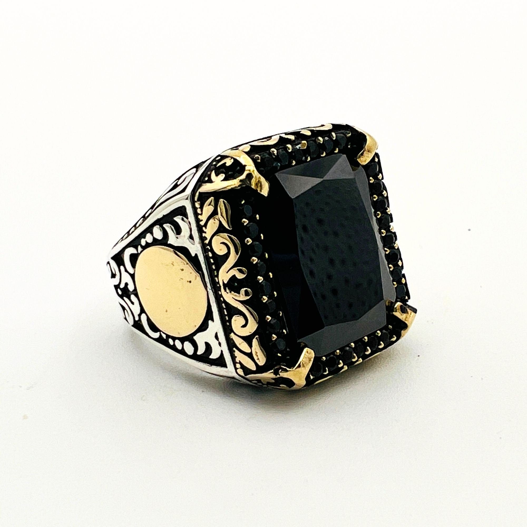 Men's Ottoman Style Embroidered 925 Sterling Silver Ring with Black Onyx | Vintage Handmade Statement Jewelry