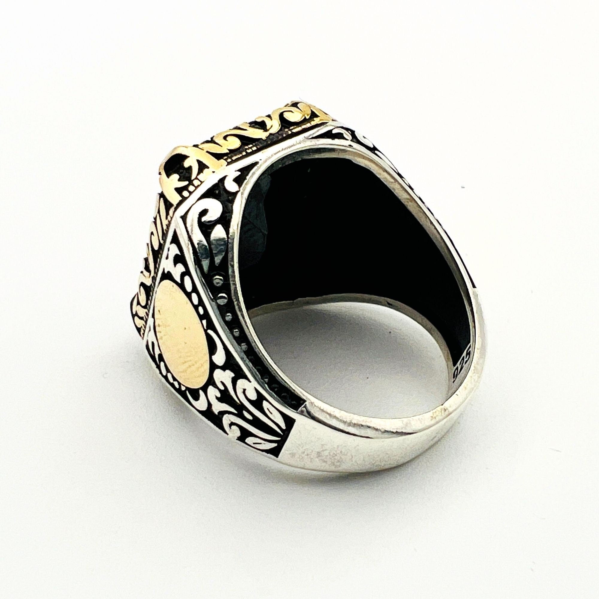 Men's Ottoman Style Embroidered 925 Sterling Silver Ring with Black Onyx | Vintage Handmade Statement Jewelry