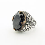 Handcrafted Ottoman Style Men's 925 Sterling Silver Ring with Genuine Oval Black Onyx