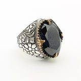 Handcrafted Ottoman Style Men's 925 Sterling Silver Ring with Genuine Oval Black Onyx