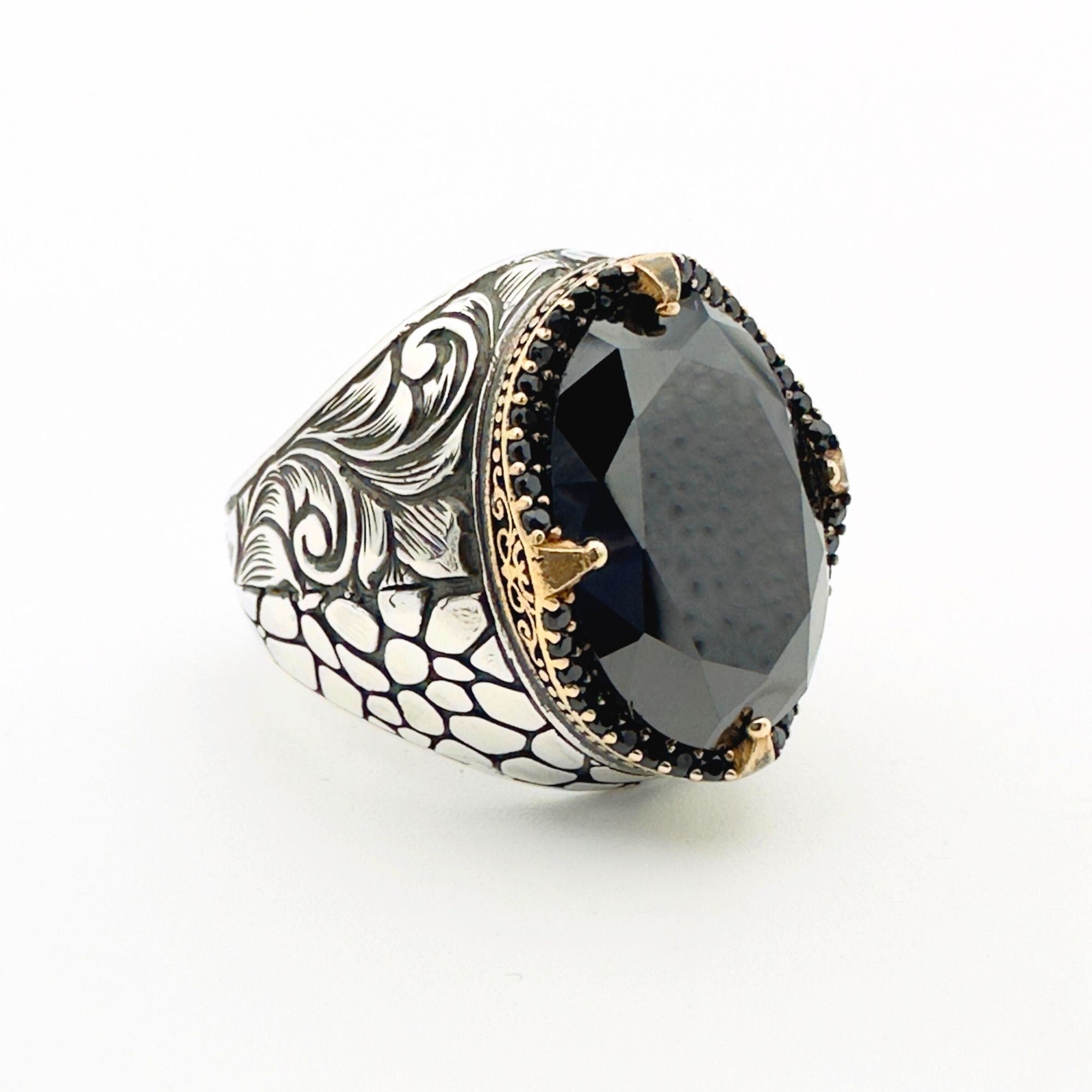 Handcrafted Ottoman Style Men's 925 Sterling Silver Ring with Genuine Oval Black Onyx