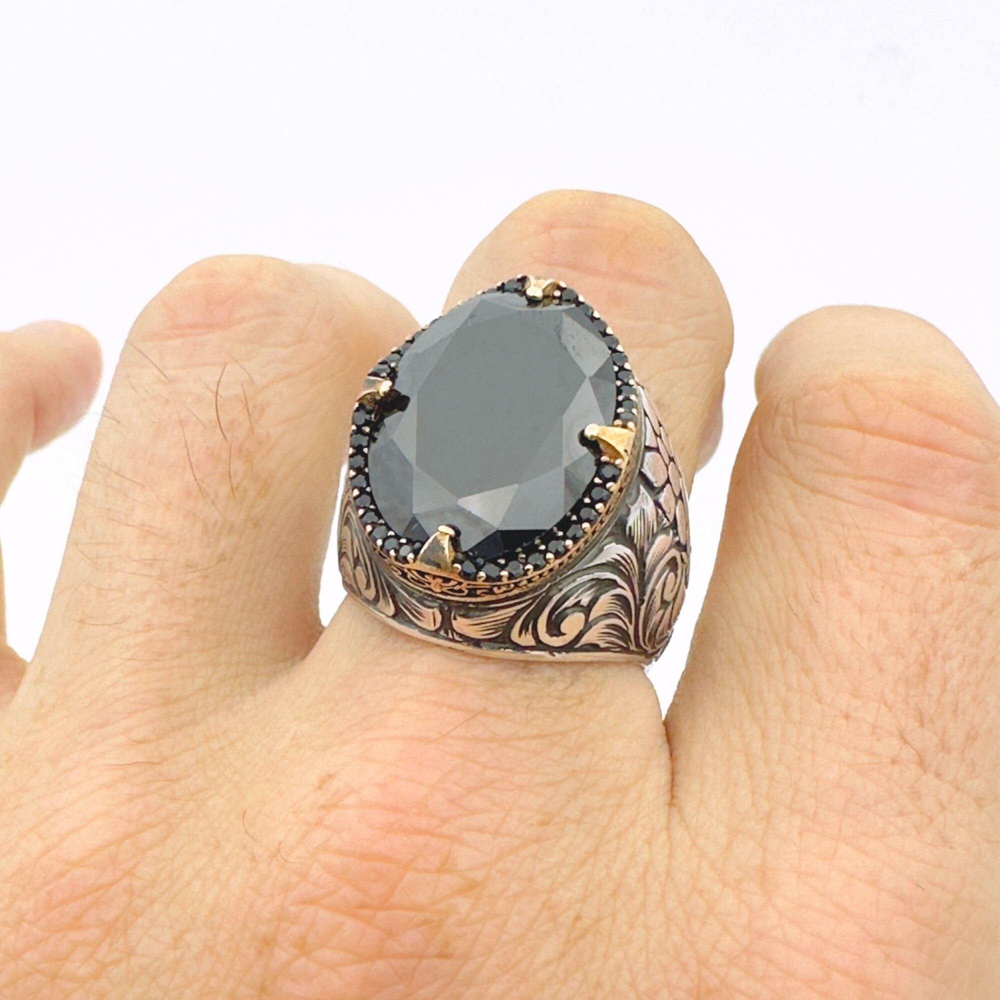 Handcrafted Ottoman Style Men's 925 Sterling Silver Ring with Genuine Oval Black Onyx