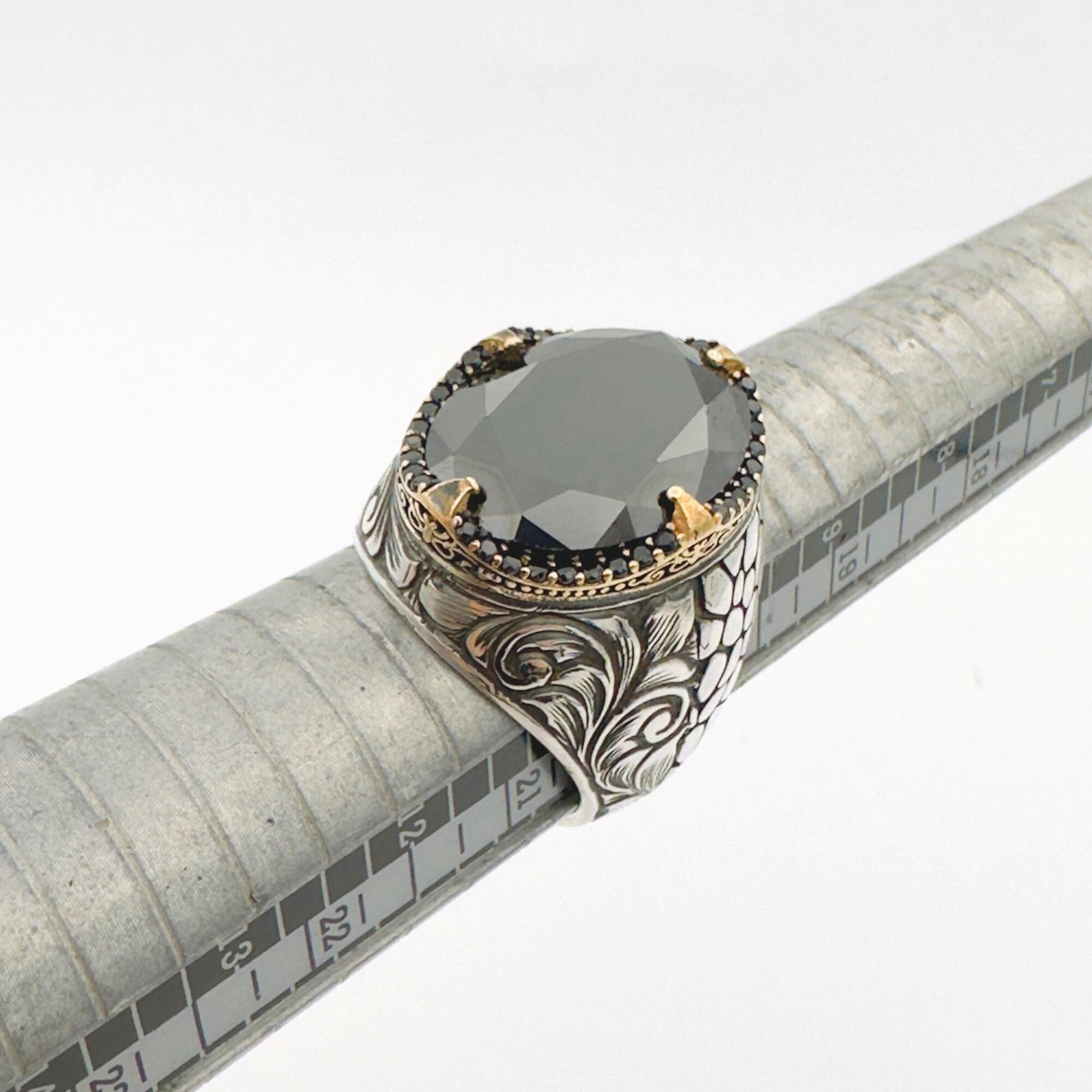 Handcrafted Ottoman Style Men's 925 Sterling Silver Ring with Genuine Oval Black Onyx