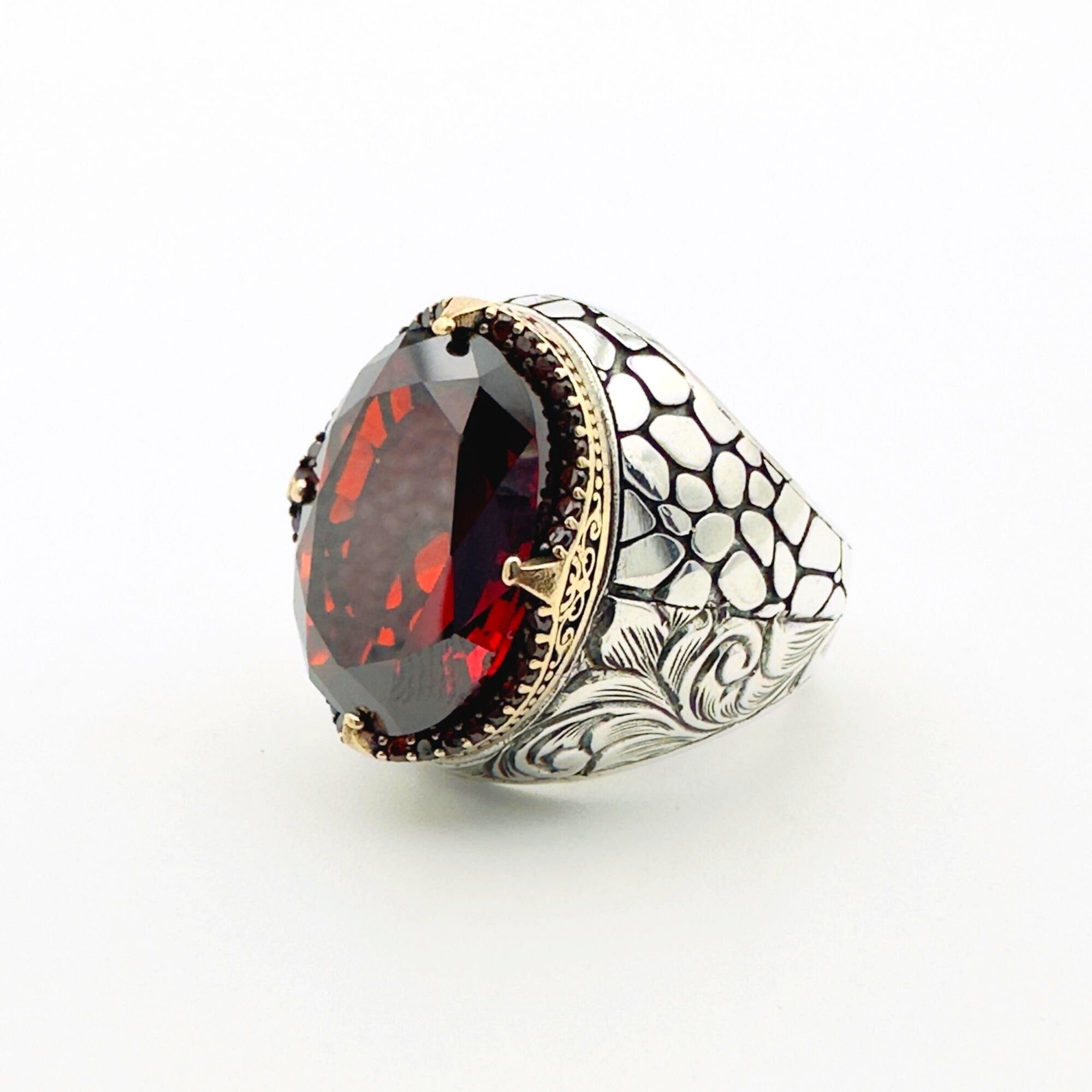 Authentic Turkish Men's Ruby Ring | Handcrafted 925 Sterling Silver Ottoman Jewelry