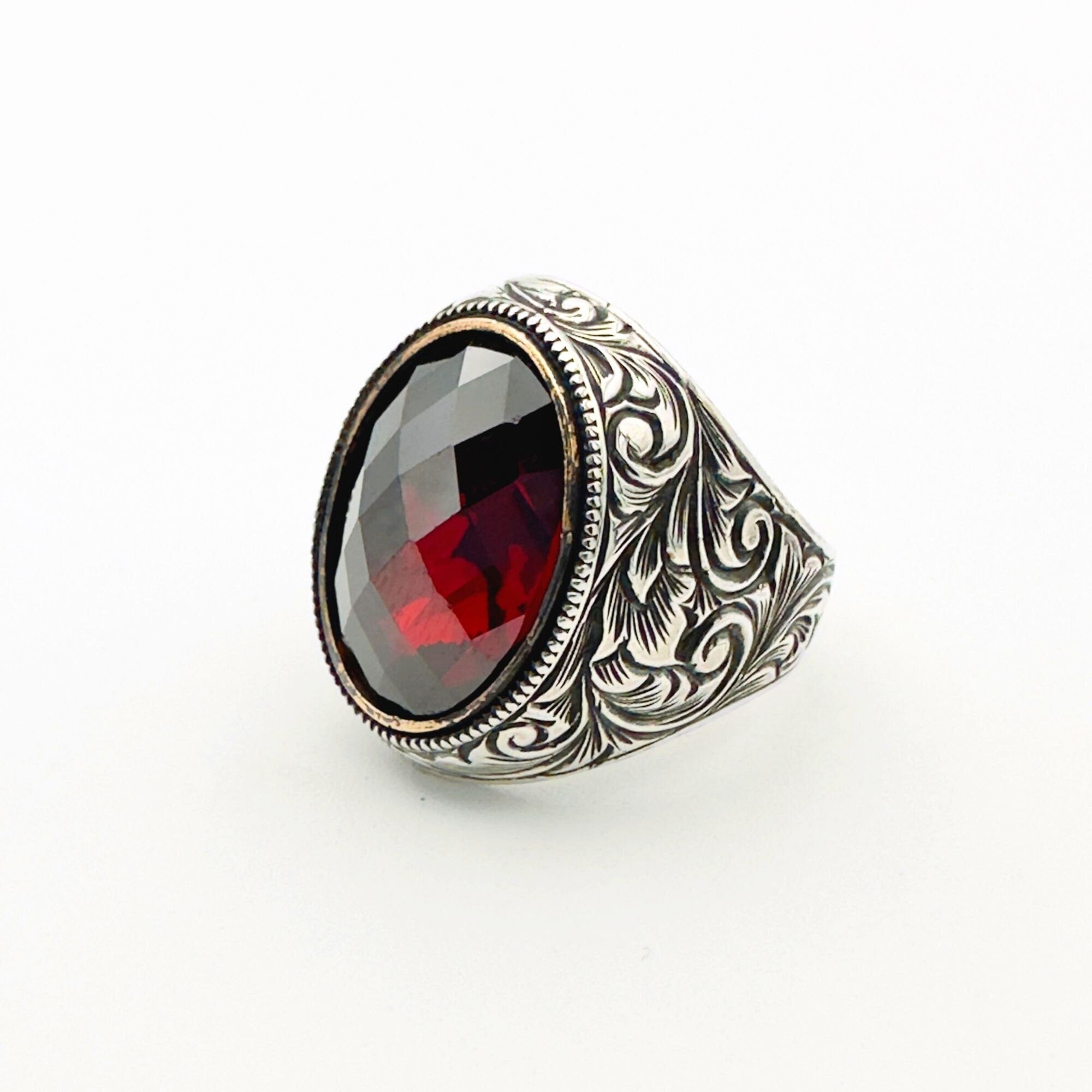Handmade Men's Ruby Stone Silver Ring