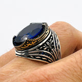 Turkish Handmade Men's 925 Sterling Silver Oval Blue Sapphire Ring