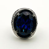 Turkish Handmade Men's 925 Sterling Silver Oval Blue Sapphire Ring