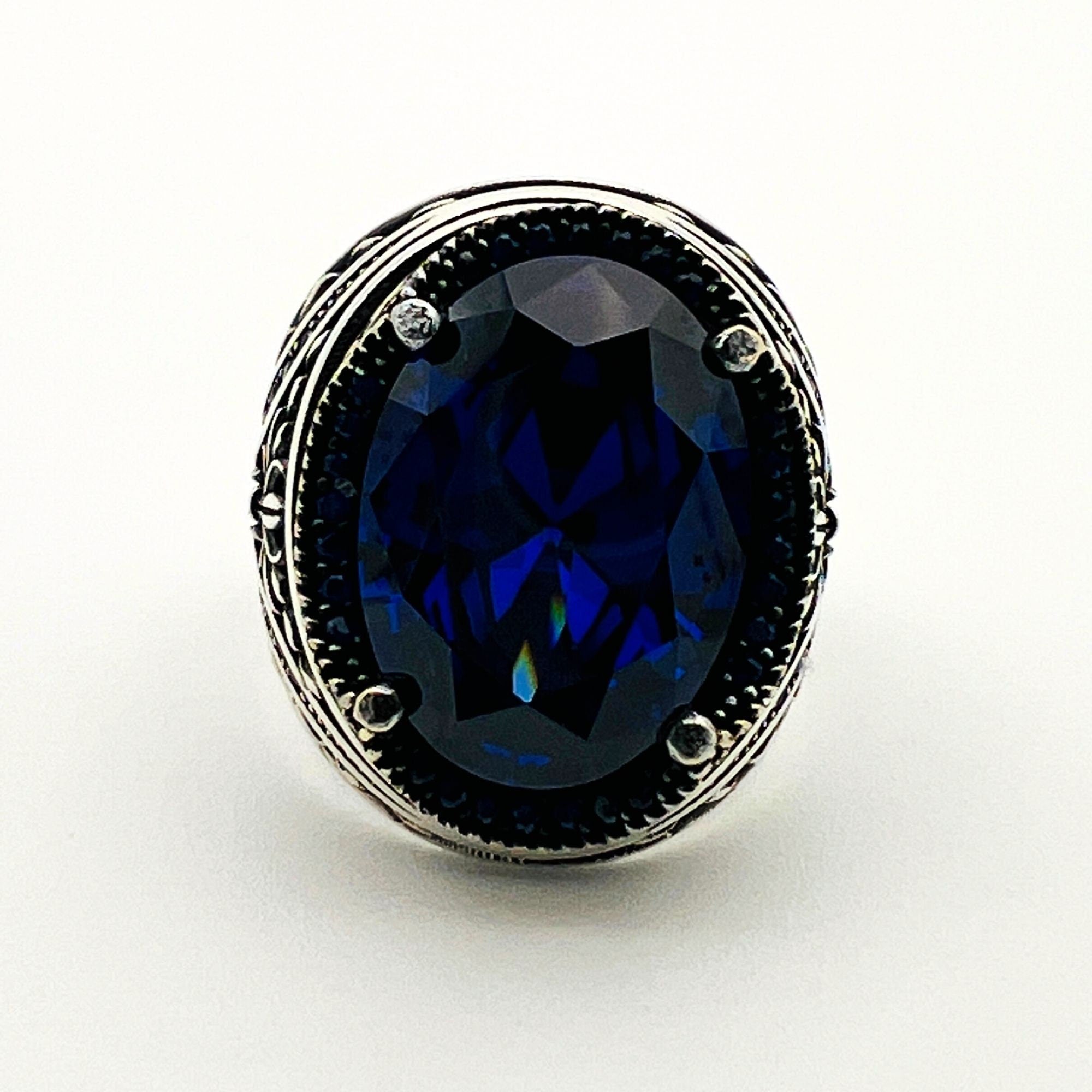 Turkish Handmade Men's 925 Sterling Silver Oval Blue Sapphire Ring