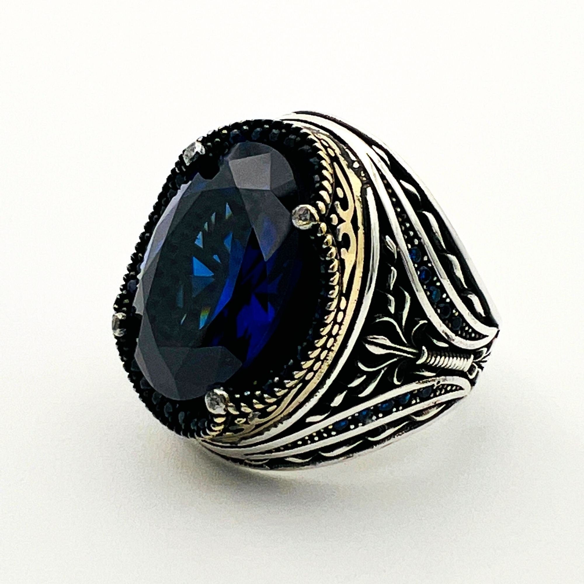 Turkish Handmade Men's 925 Sterling Silver Oval Blue Sapphire Ring