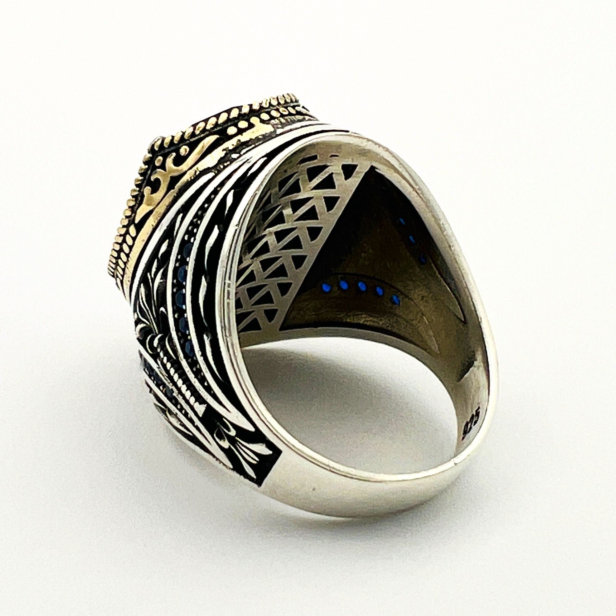 Turkish Handmade Men's 925 Sterling Silver Oval Blue Sapphire Ring