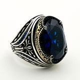 Turkish Handmade Men's 925 Sterling Silver Oval Blue Sapphire Ring