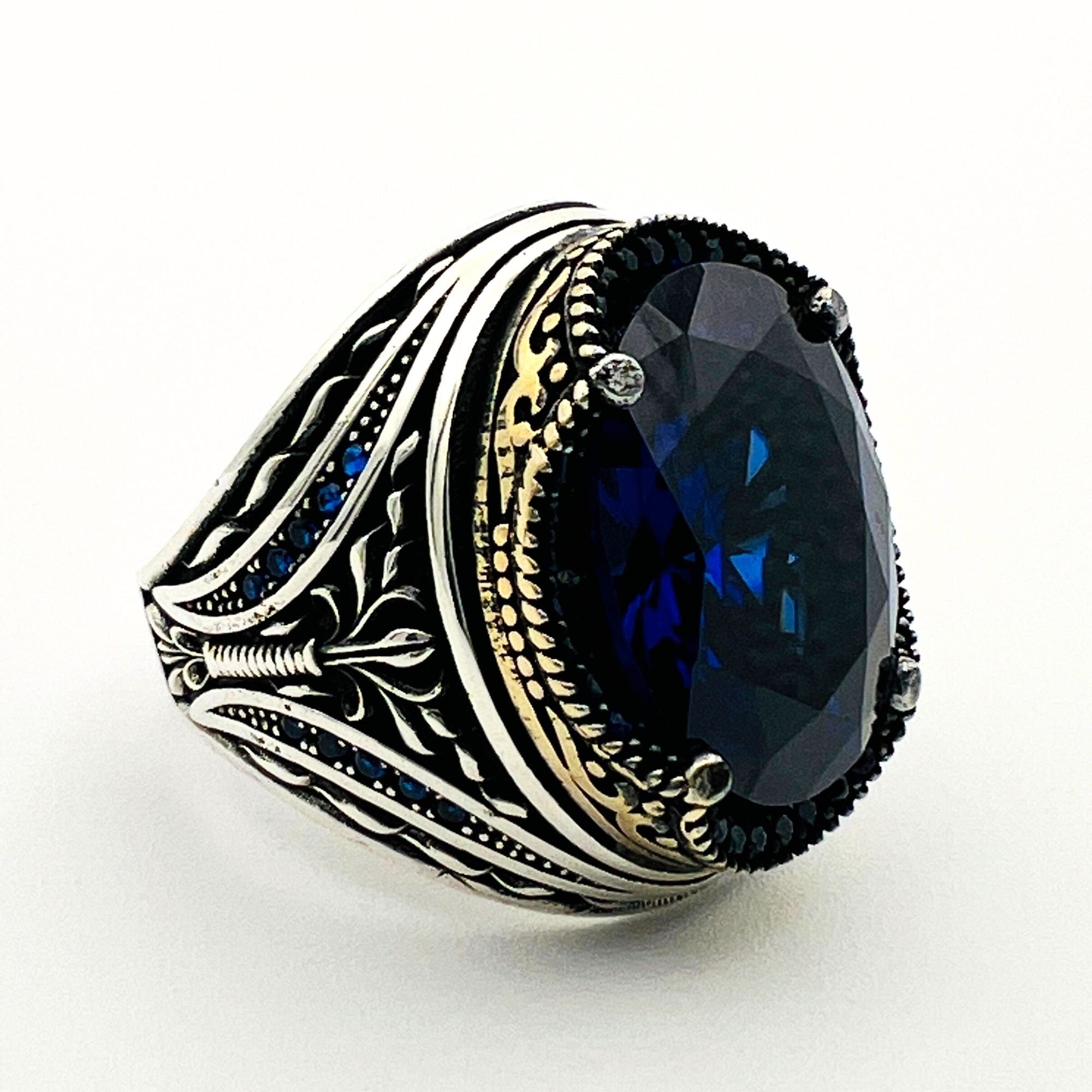 Turkish Handmade Men's 925 Sterling Silver Oval Blue Sapphire Ring