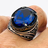 Turkish Handmade Men's 925 Sterling Silver Oval Blue Sapphire Ring