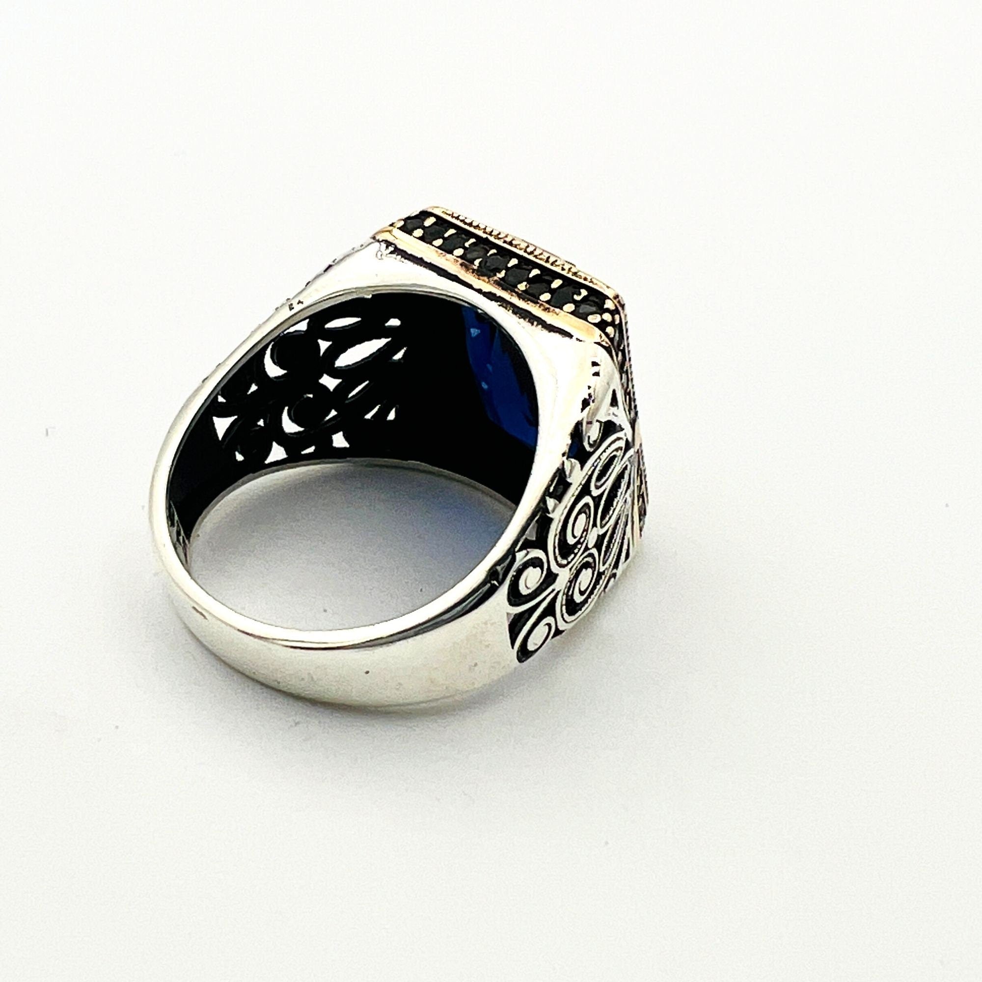 Turkish Handcrafted Men's Blue Sapphire Sterling Silver Ottoman Ring