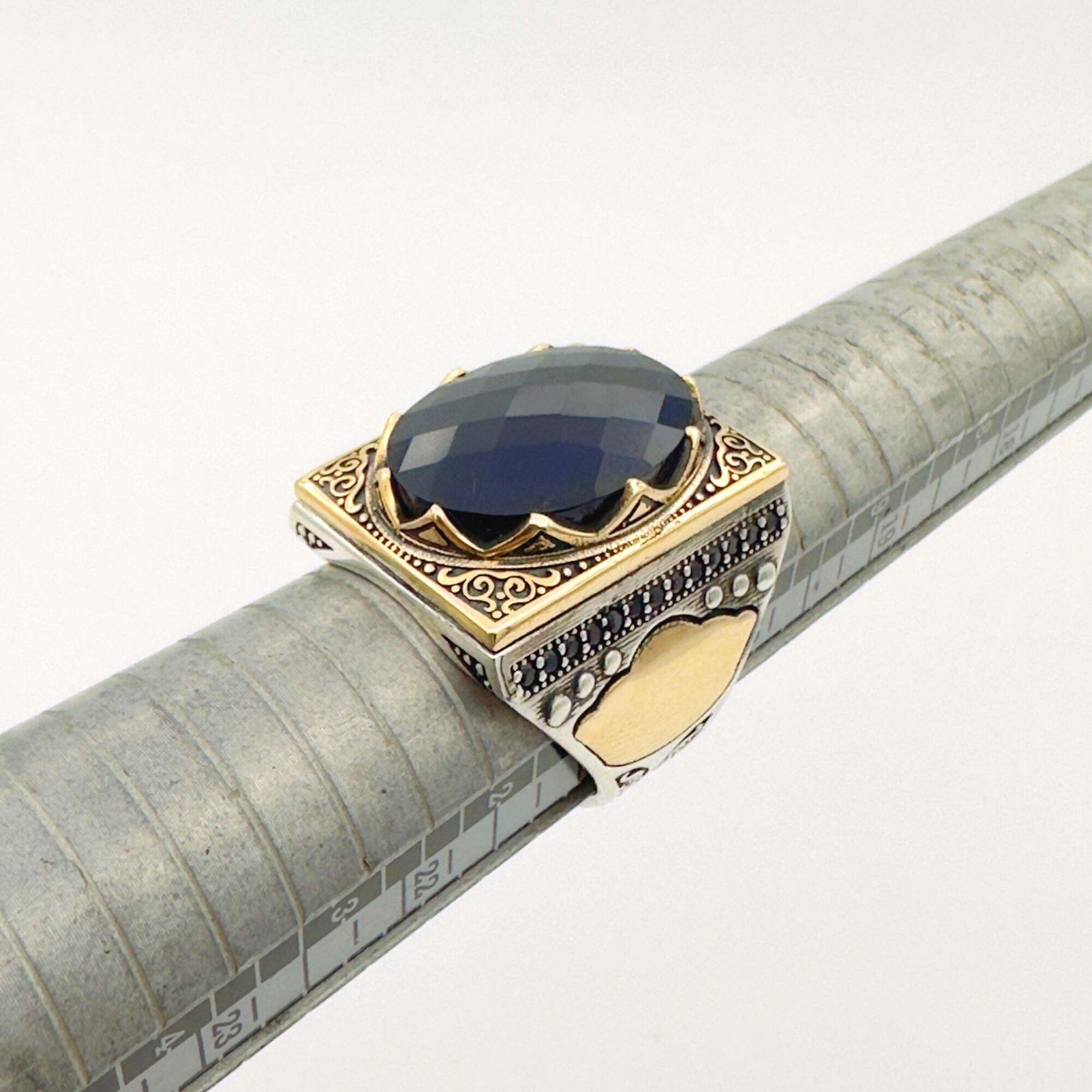 Men's Ottoman Style Blue Zircon 925 Sterling Silver Ring | Statement Gift for Him