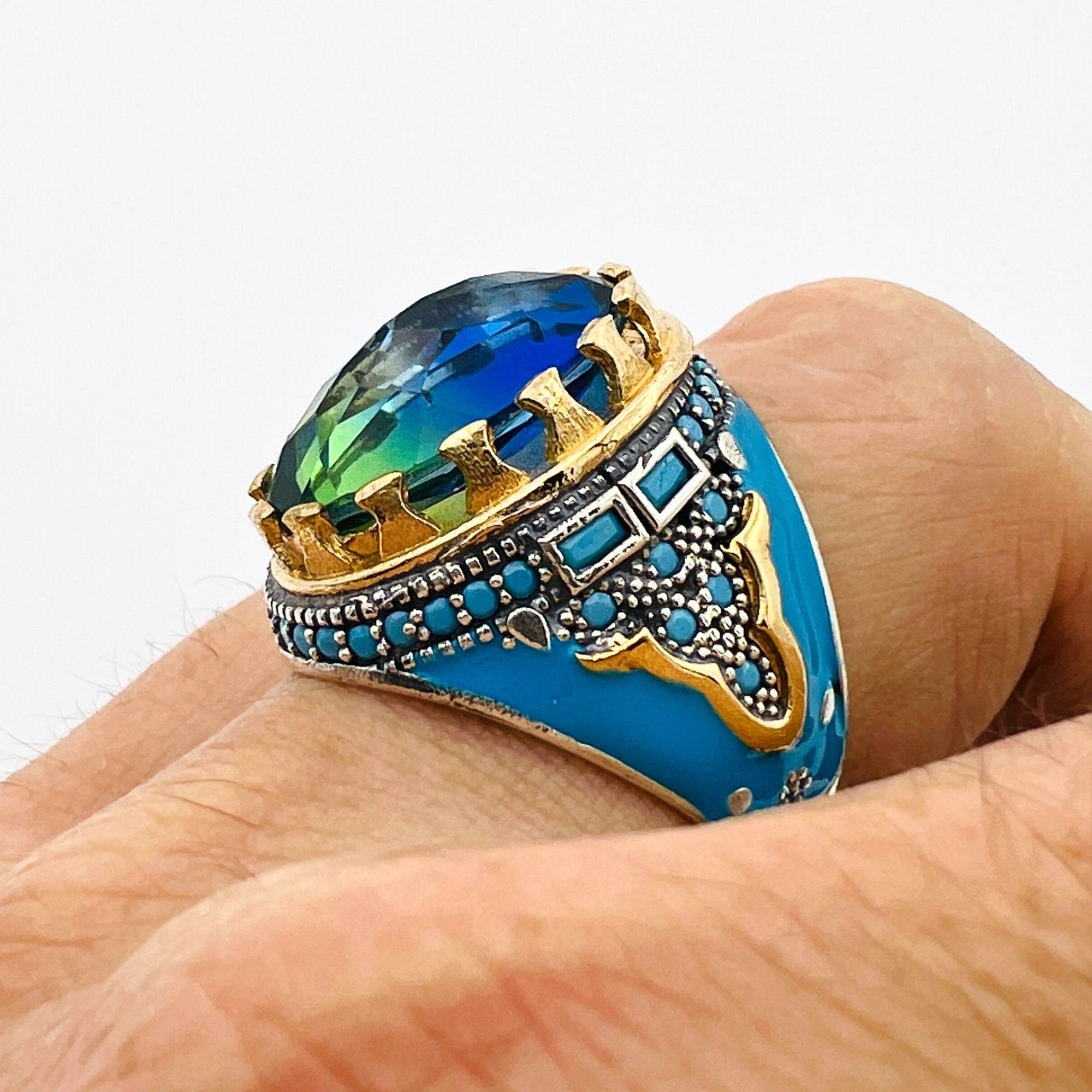 خاتم رجالي يدوي من الفضة الإسترلينية بشكل بيضاوي مع تورمالين | هدية مجوهرات حرفي تركي