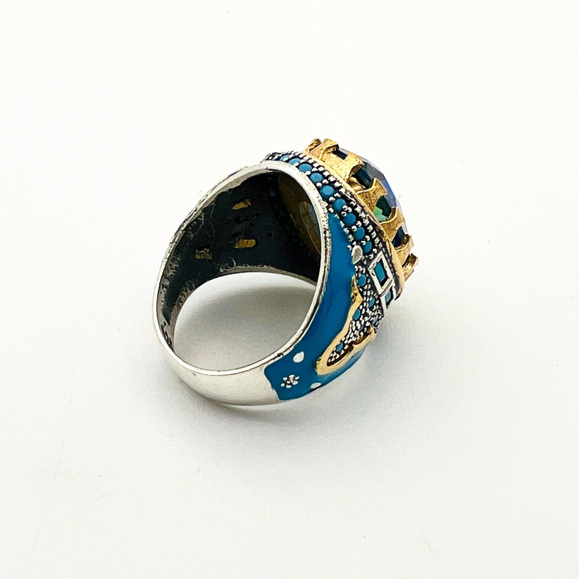 خاتم رجالي يدوي من الفضة الإسترلينية بشكل بيضاوي مع تورمالين | هدية مجوهرات حرفي تركي