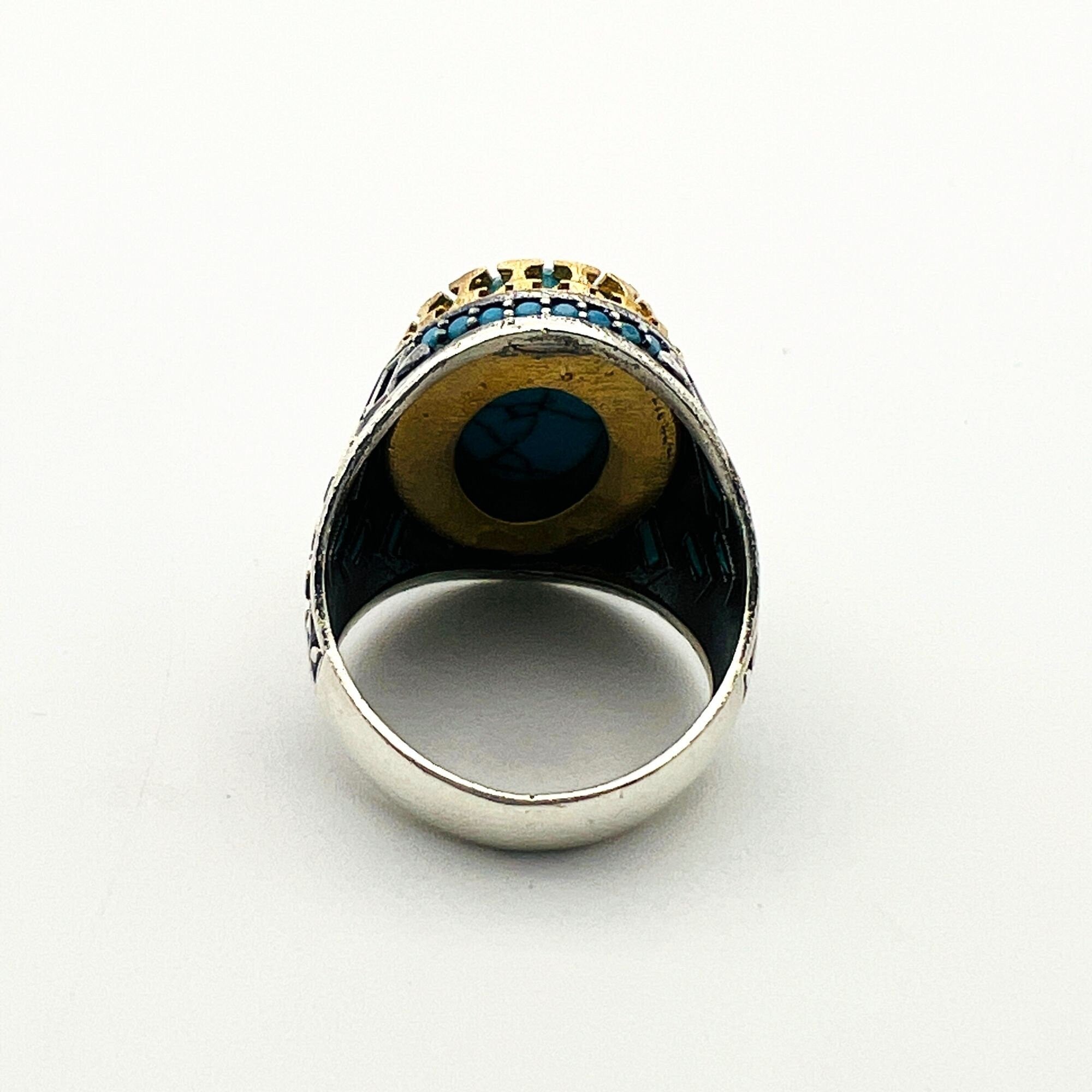 خاتم رجالي بيضاوي من الفيروز بحجر كريم من الفضة الإسترلينية التركية المصنوعة يدوياً - مجوهرات مصنوعة يدوياً