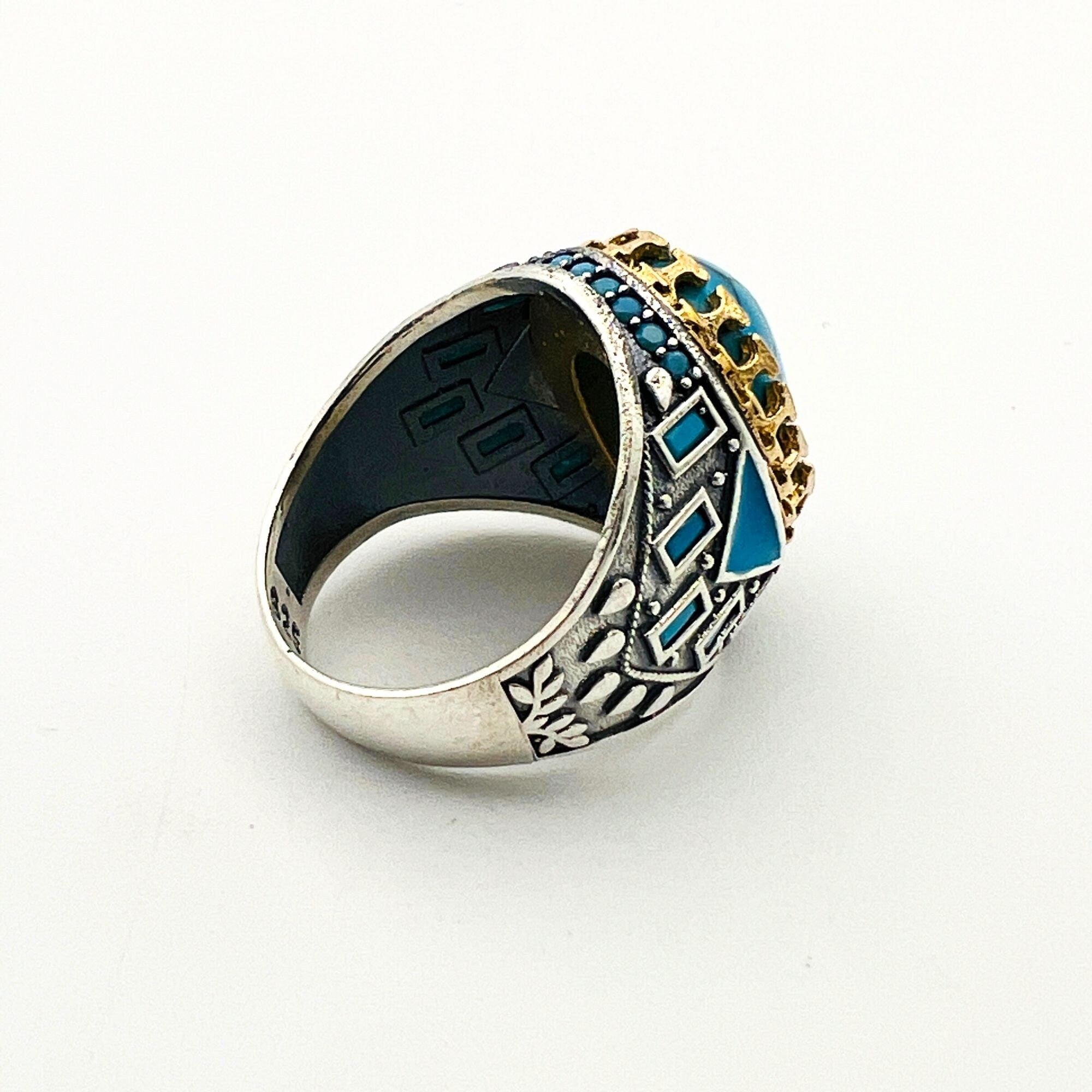 خاتم رجالي بيضاوي من الفيروز بحجر كريم من الفضة الإسترلينية التركية المصنوعة يدوياً - مجوهرات مصنوعة يدوياً