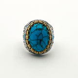 خاتم رجالي بيضاوي من الفيروز بحجر كريم من الفضة الإسترلينية التركية المصنوعة يدوياً - مجوهرات مصنوعة يدوياً